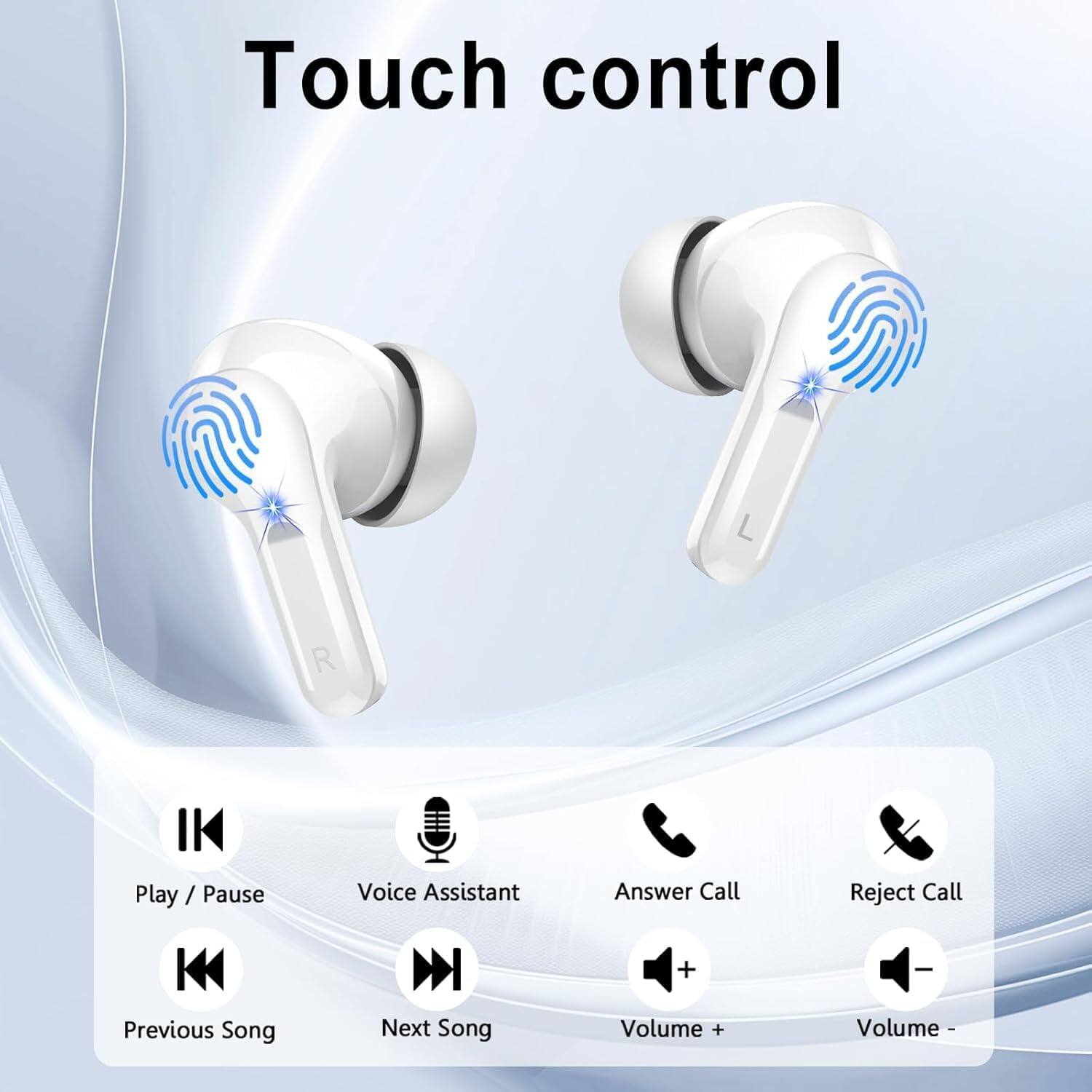 Touch control

- Play / Pause
- Voice Assistant
- Answer Call
- Reject Call
- Previous Song
- Next Song
- Volume +
- Volume -