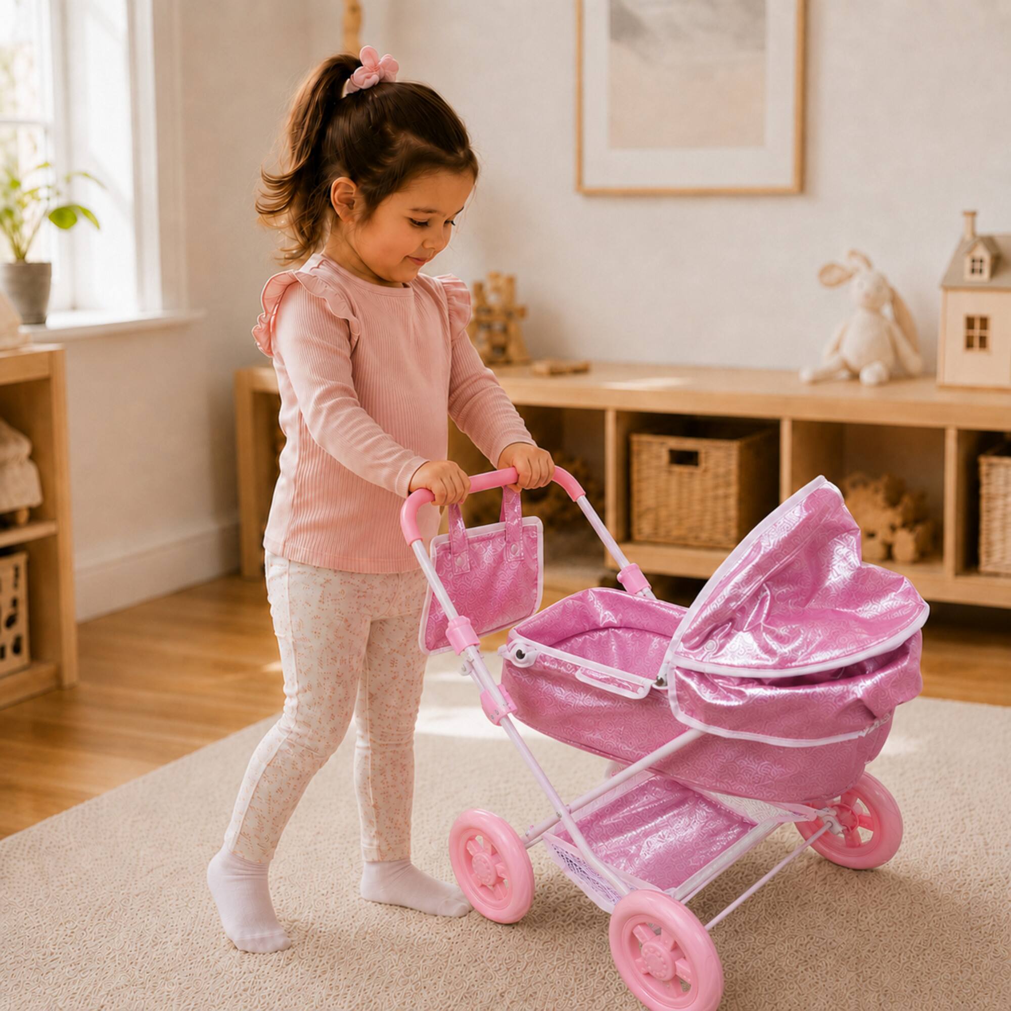 Back. Teamson Kids - Pink Baby Doll Bassinet Pram with Cover.