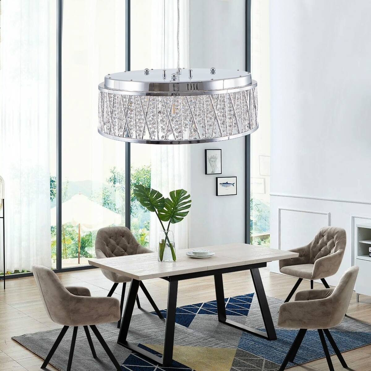 Angle. Loheer - Loheer 19 inch modern crystal chandelier, chrome finish round flush mount ceiling light for dining room and kitchen.