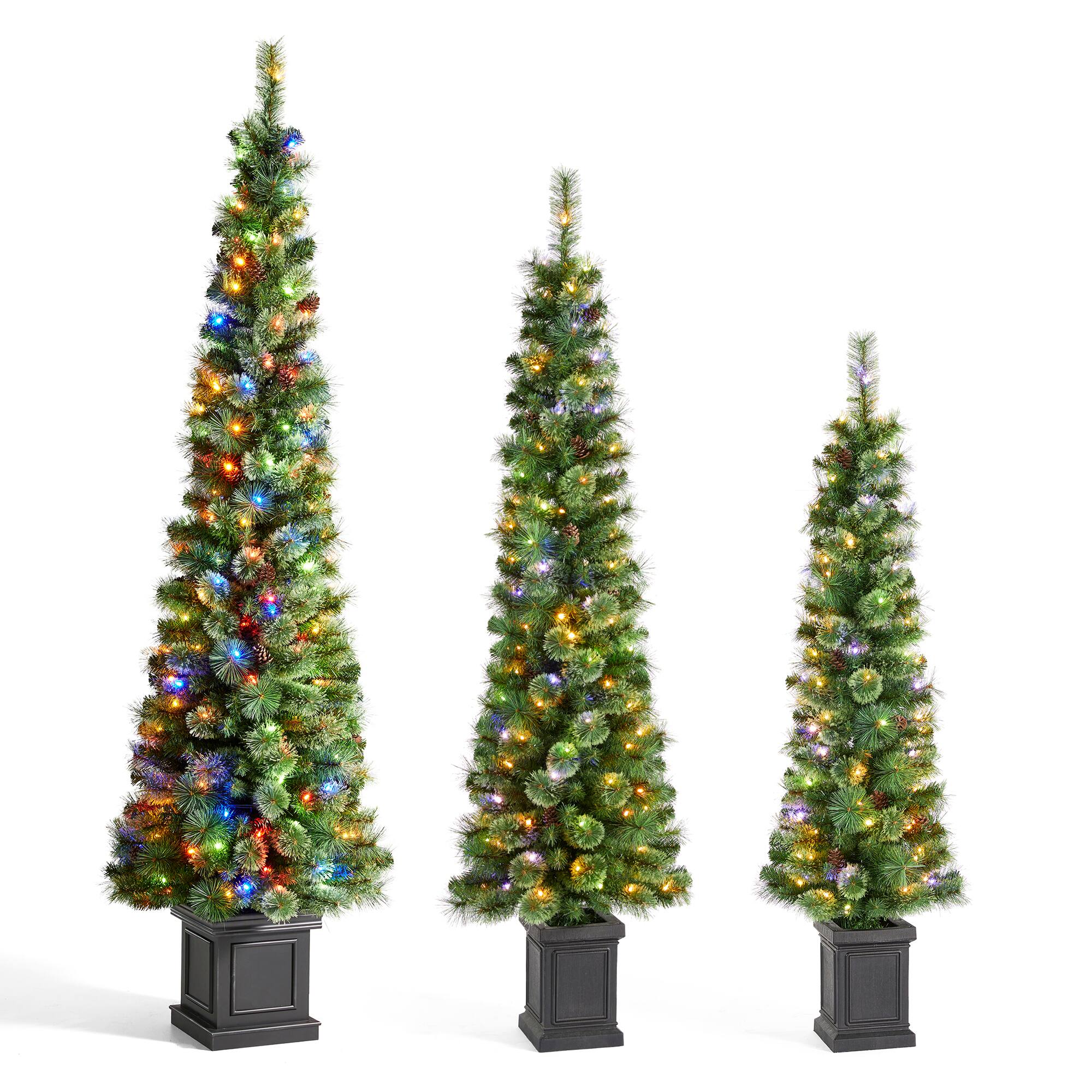 Angle. Glitzhome - Set of 3 5ft/6ft/7ft Green Cashmere Pine Christmas Porch Tree With pinecones,90/130/200 Warm White/Multi-color Lights - Green.