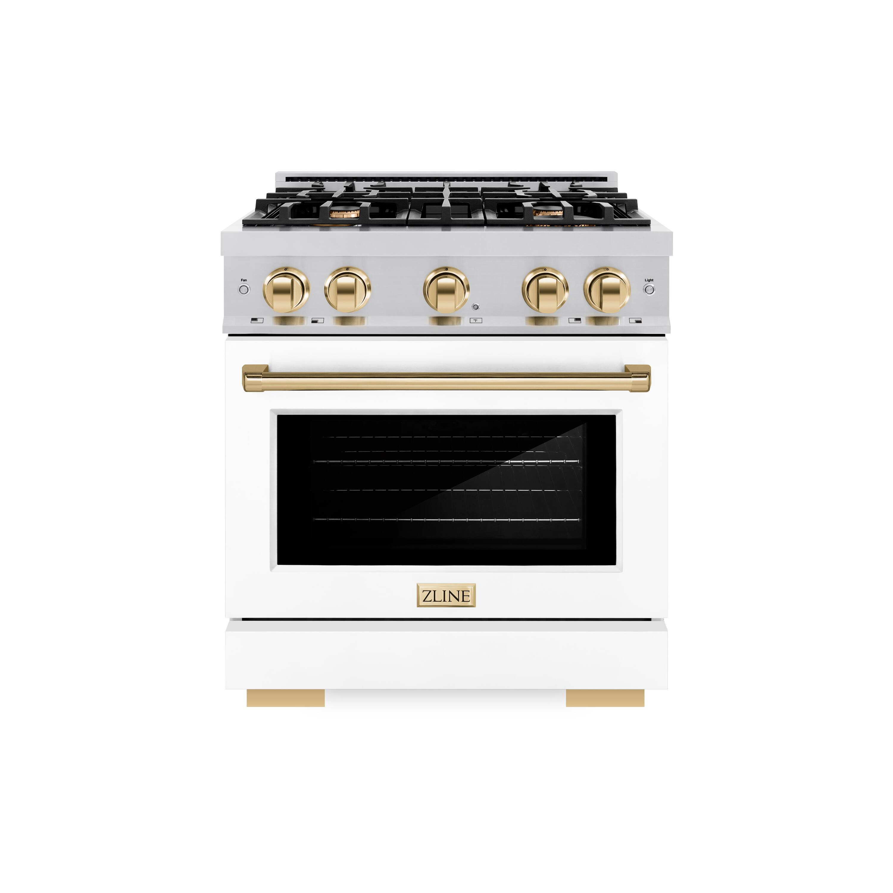 Angle. ZLINE - ZLINE Autograph 30 in. 4.2 cu. ft. Freestanding Select Gas Range w/ 4 Burners & White Door w/ Gold Accents - Stainless Steel.