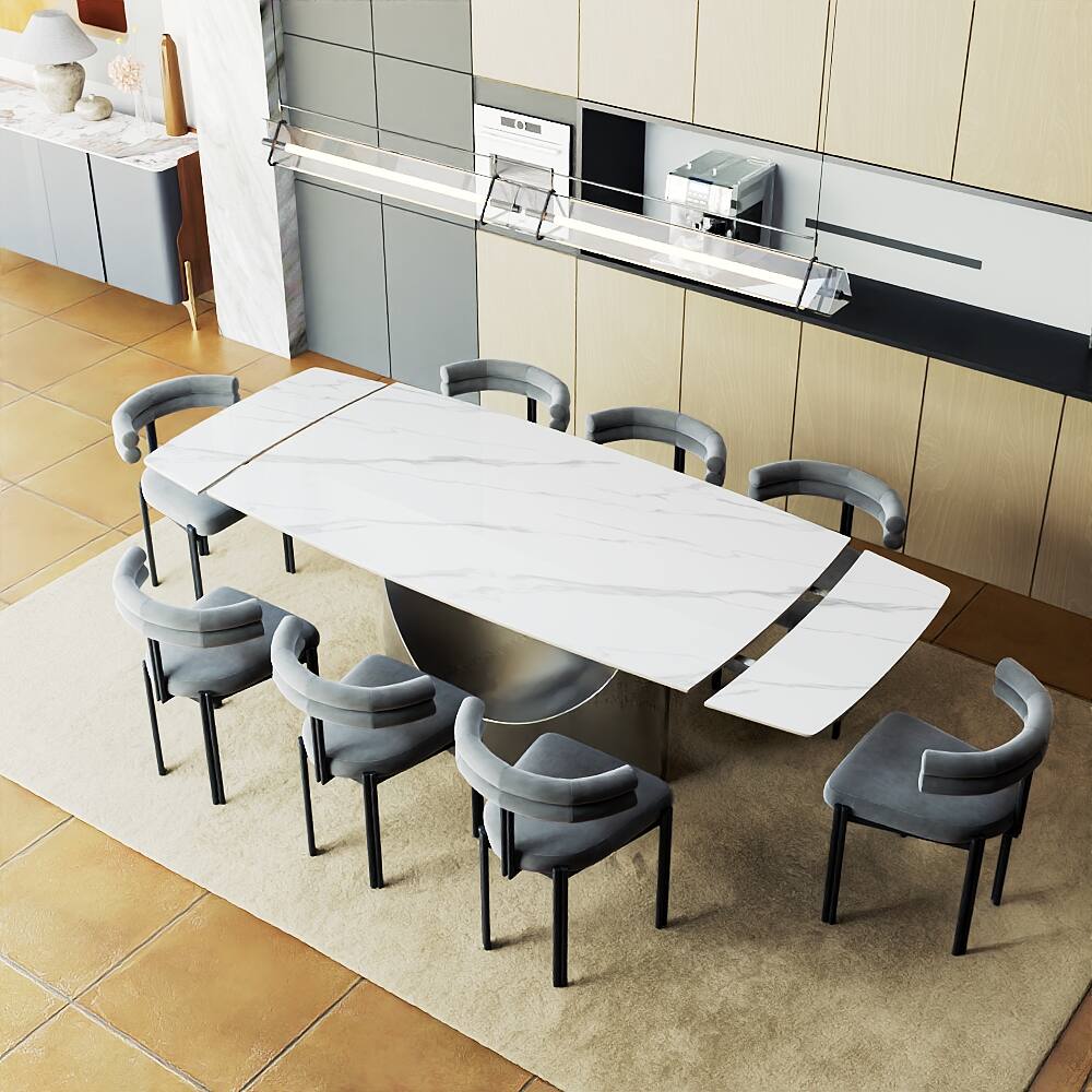 Angle. POVISON - 71"-95"Extendable Modern White Dining Table for 6-10, Rectangular Glossy Sintered Stone Tabletop, Gray Carbon Steel Leg - Glossy White Sintered Stone with Gray.
