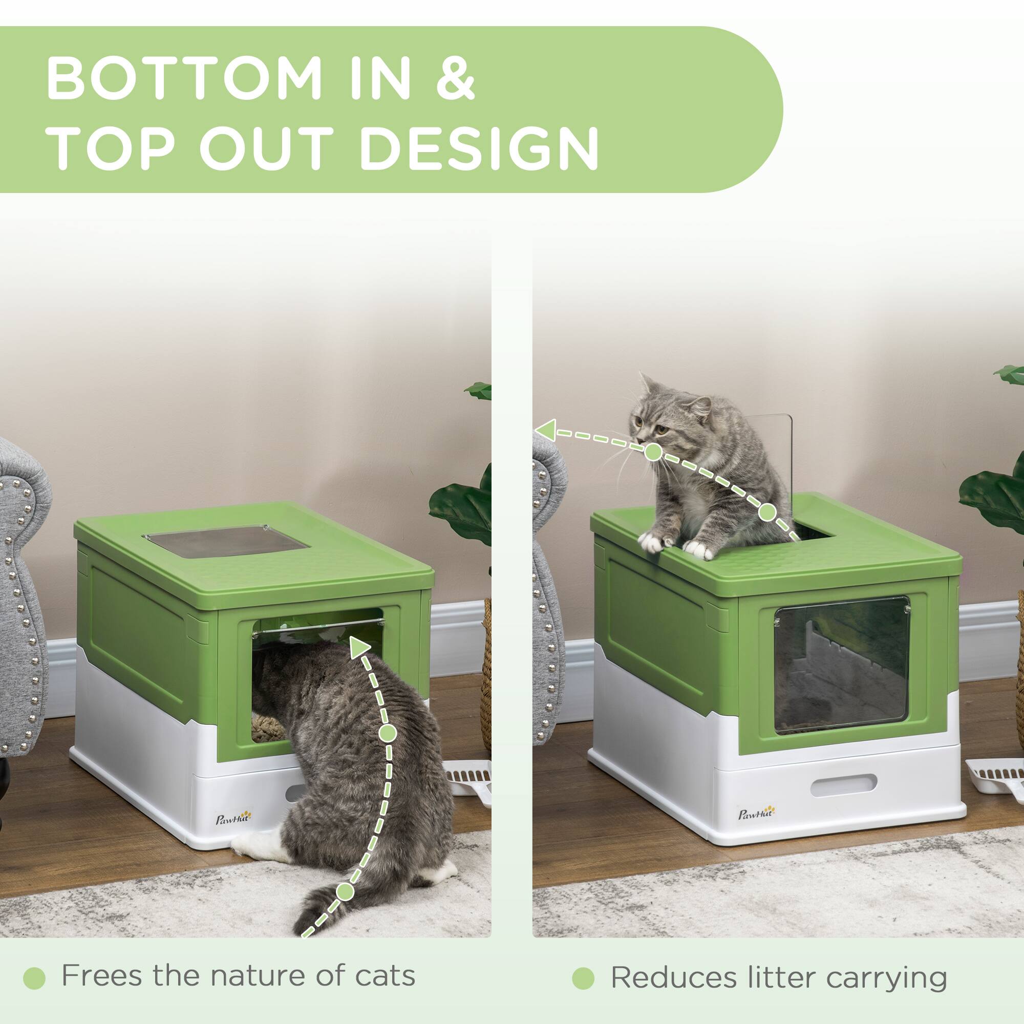 BOTTOM IN & TOP OUT DESIGN

- Frees the nature of cats
- Reduces litter carrying