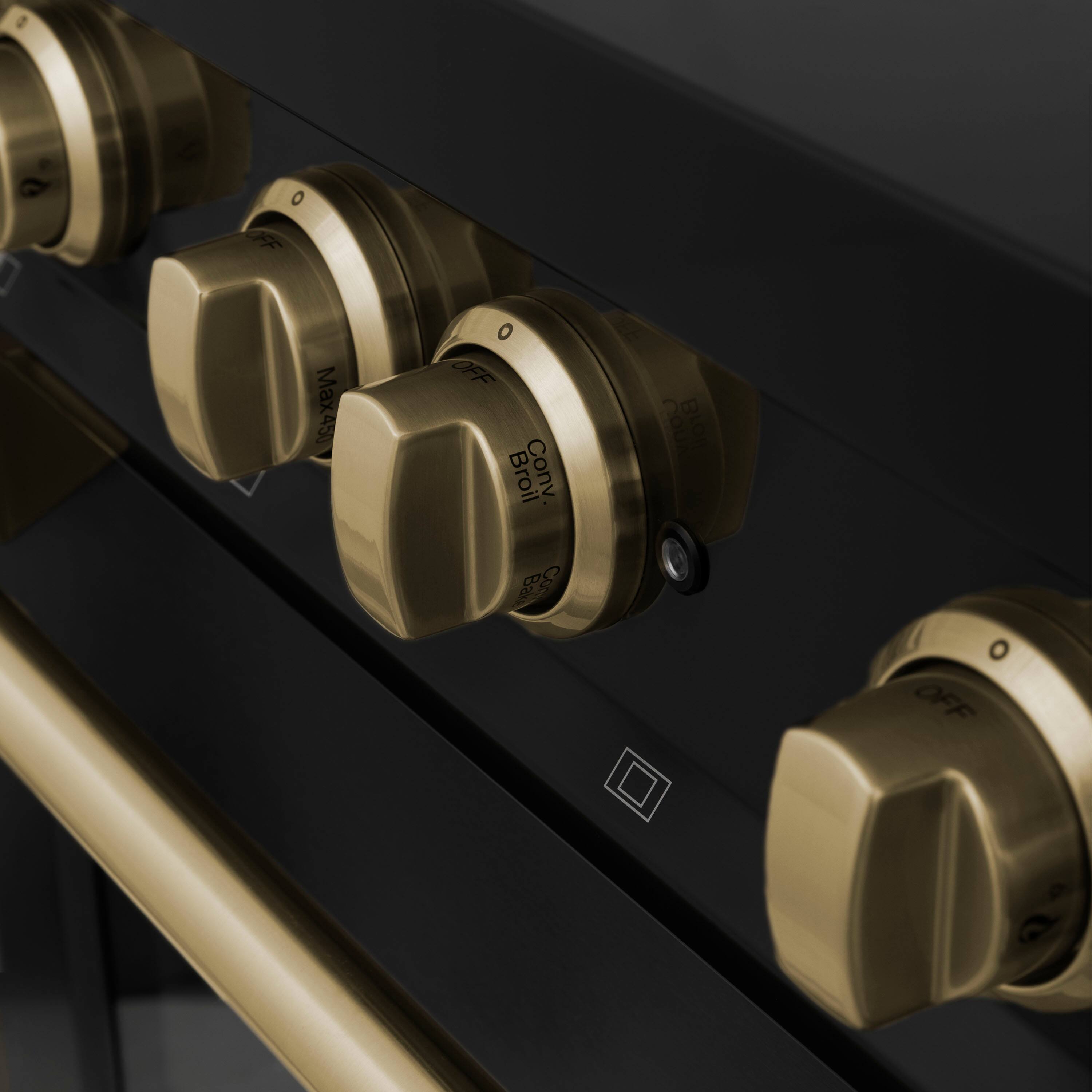 The text on the image reads: "O FF Max450 O OFF Broil Conv YOU Broil Bak COS O OFF." This text is likely a description or instructions for the knobs on the stove. The knobs are labeled with "Max450" and "Off," indicating that they control the maximum temperature and turning off the heat, respectively. The other knobs may have different functions, such as controlling the broil, bake, or cook settings.