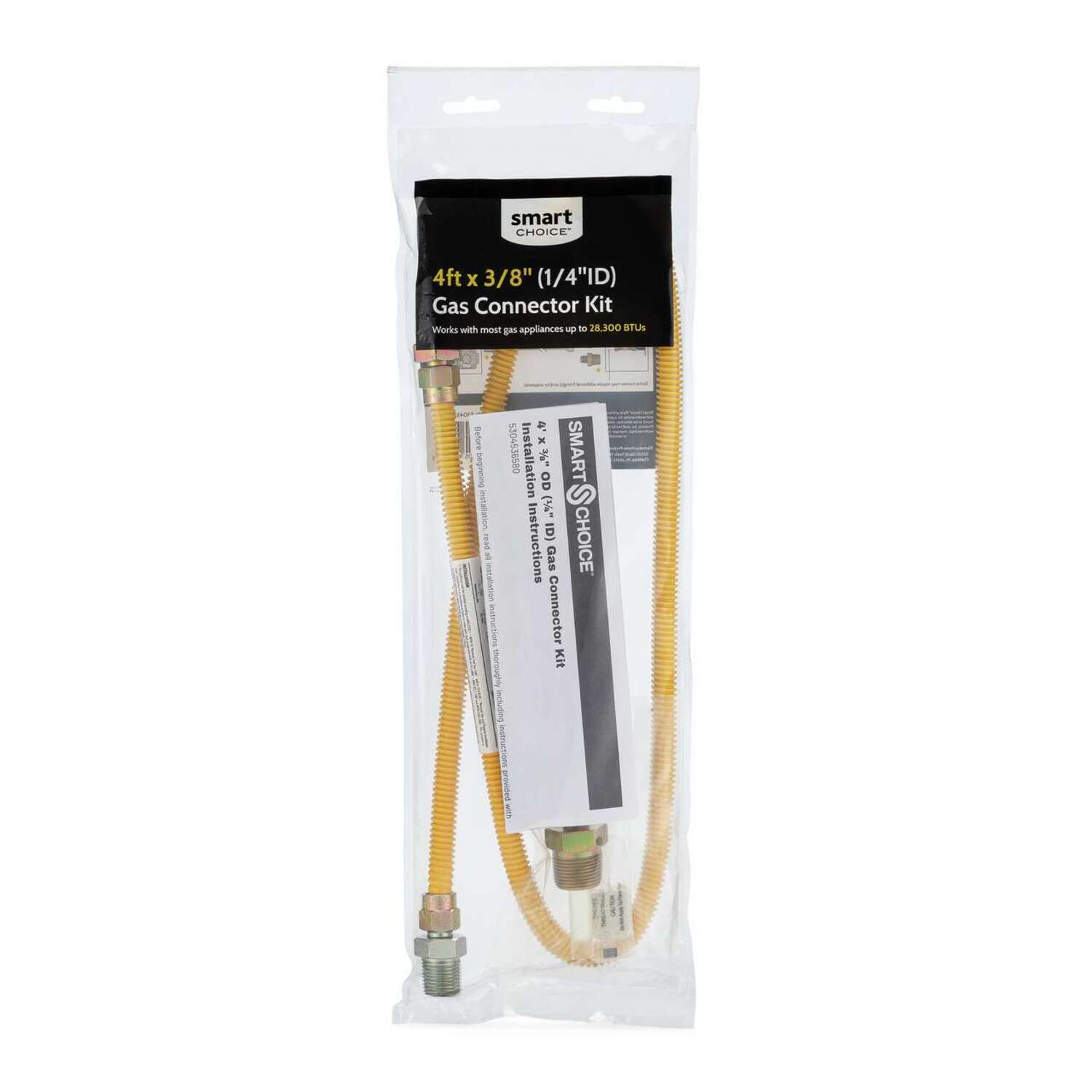 smart CHOICE 4ft x 3/8" (1/4"ID) Gas Connector Kit Works with most gas appliances up to 28.300 BTUs. Includes Installation Instructions.