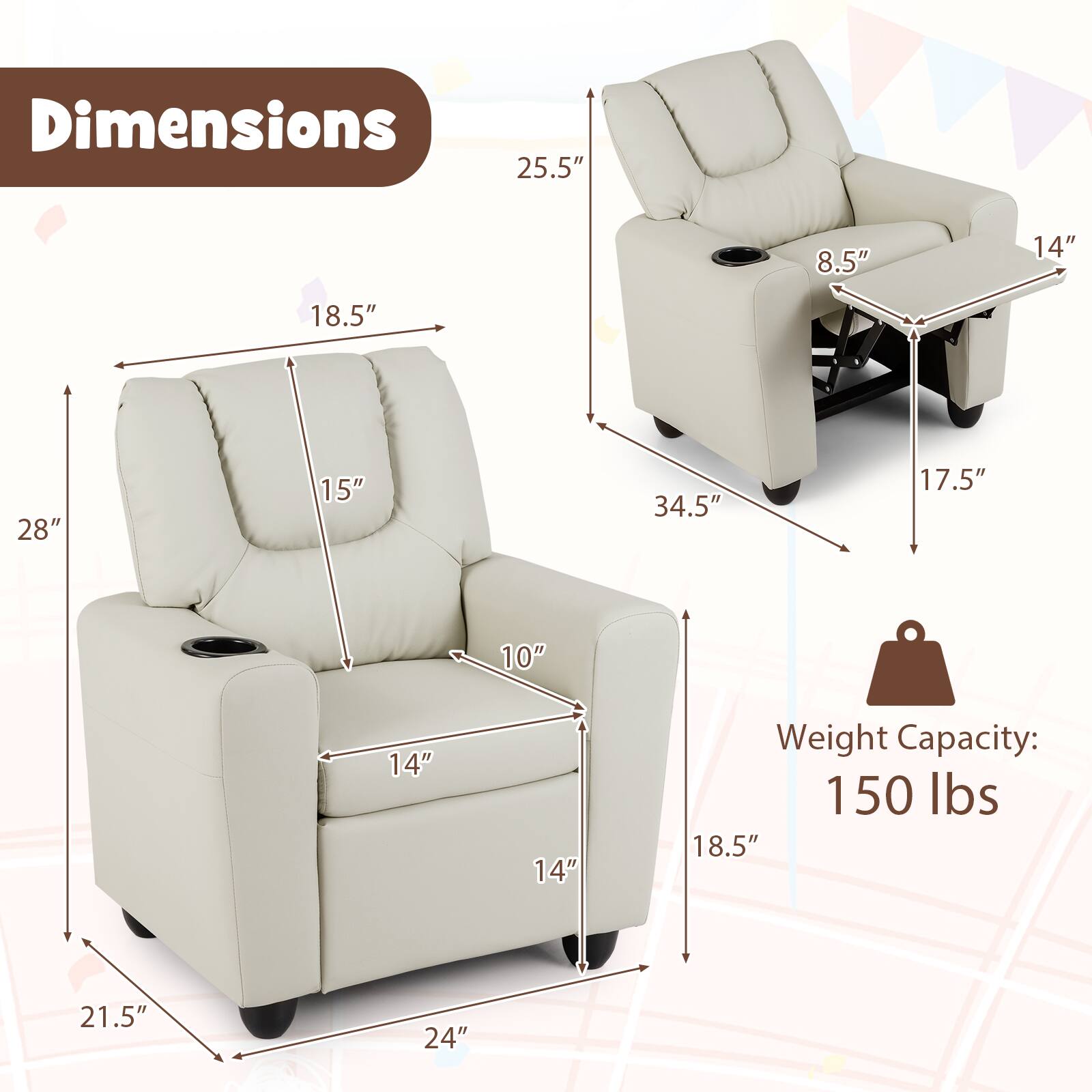 Dimensions: 25.5" x 8.5" x 14" x 18.5" x 28" x 15" x 34.5" x 17.5" x 10" x 14" x 14"  
Weight Capacity: 150 lbs