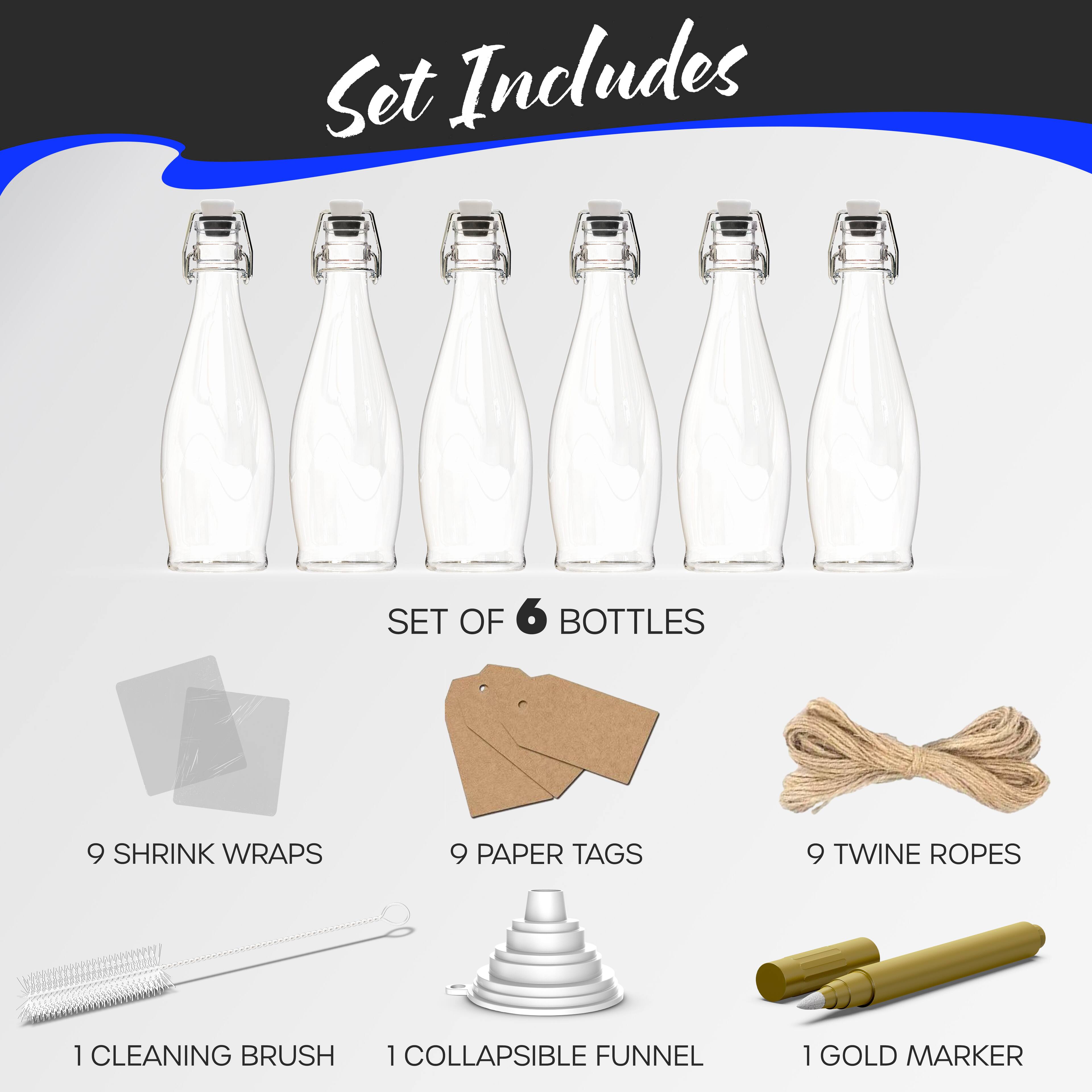 Set Includes

SET OF 6 BOTTLES  
9 SHRINK WRAPS  
9 PAPER TAGS  
9 TWINE ROPES  
1 CLEANING BRUSH  
1 COLLAPSIBLE FUNNEL  
1 GOLD MARKER