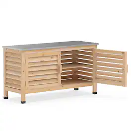 WELLFOR - Patio Storage Cabinet with Stainless Steel Countertop and L-Shaped Shelf for Garden - Natural + Silver