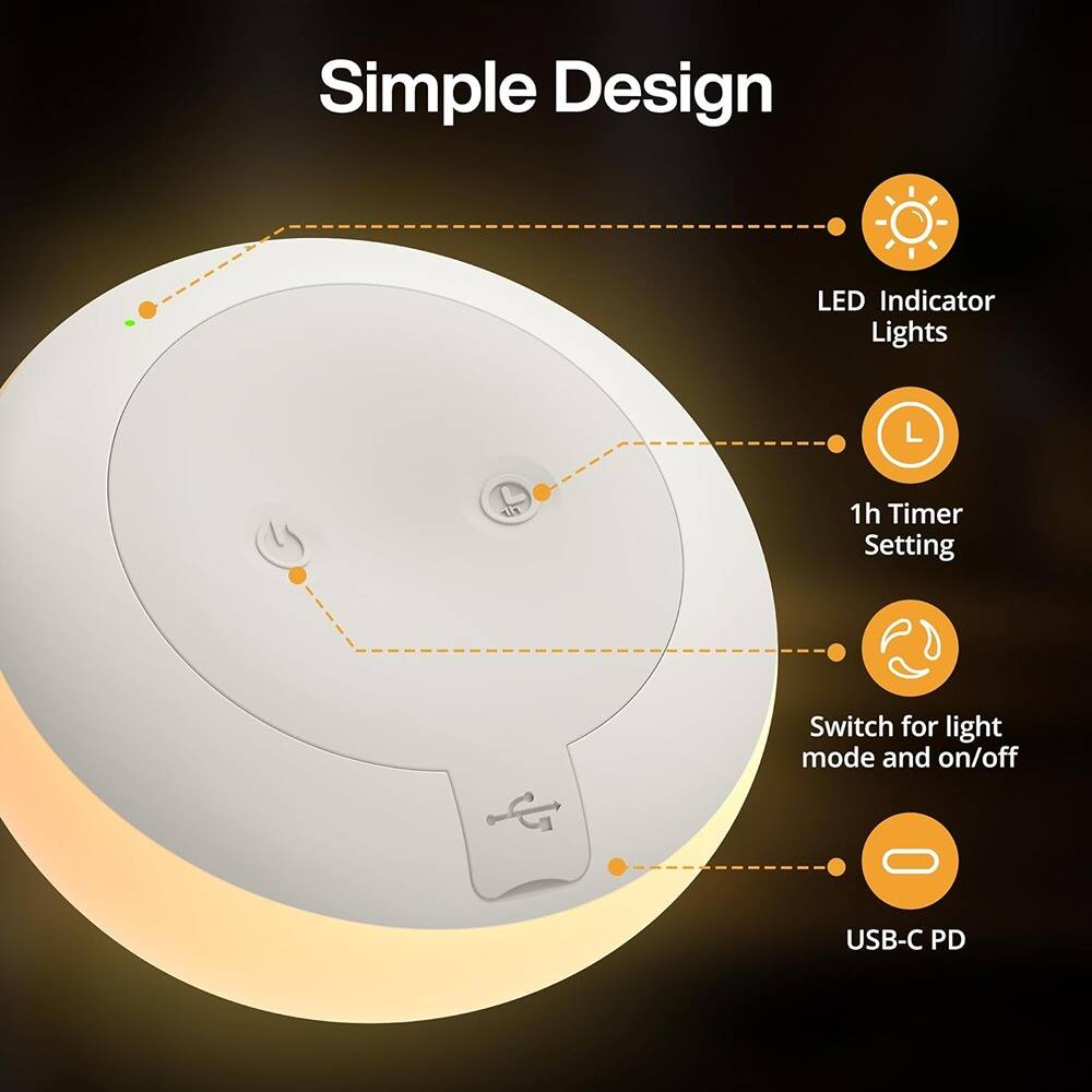 Simple Design

- LED Indicator Lights
- 1h Timer Setting
- Switch for light mode and on/off
- USB-C PD