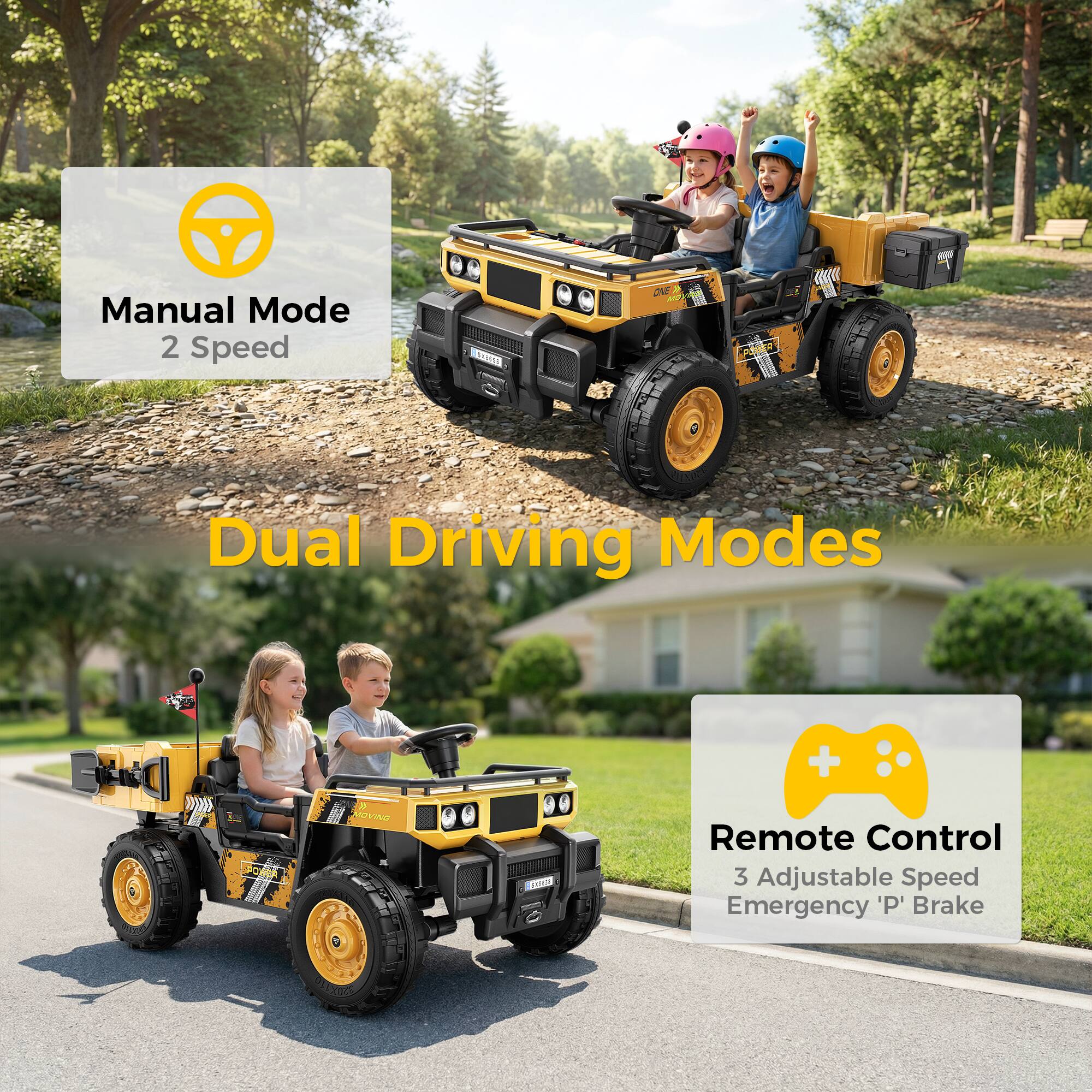Manual Mode 2 Speed

Dual Driving Modes

Remote Control 3 Adjustable Speed Emergency 'P' Brake