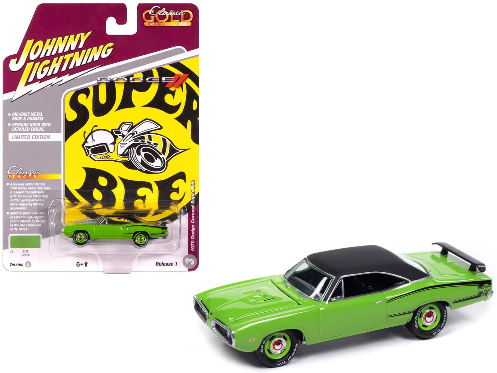 Johnny Lightning - 1970 Dodge Coronet Super Bee Sublime Stripes and Top "Classic Gold Collection" 1/64 - Green with Black