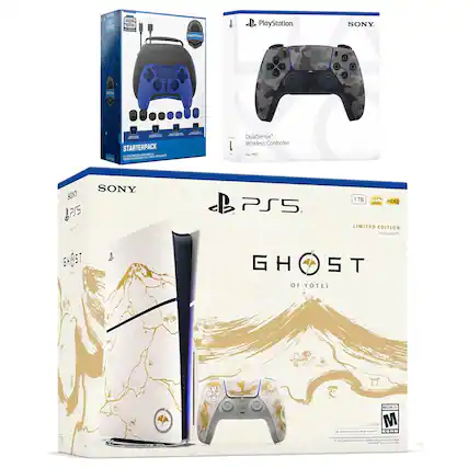 Sure, here is the corrected and grouped text from the image:
---
**PlayStation SONY**
- **DualSense™ Wireless Controller**
- For PS5™
- **STARTERPACK**
- Includes: DualSense™ Wireless Controller, PS5™ Console, and Ghost of Tsushima Limited Edition
- **PS5™**
- 1TB
- 4K
- HDR
- **GHOST OF YOTEI**
- Limited Edition
- **BHO5T**
- Ghost of Tsushima
- **M** (Rating)
- **SONY**
- **PlayStation**
- **4K**
- **HDR**
- **1TB**
- **1280**
- **M**
- **E3 2020**
- **PS5™**
- **Limited Edition**
- **DualSense™ Wireless Controller**
- **For PS5™**
- **STARTERPACK**
- **Includes: DualSense™ Wireless Controller, PS5™ Console, and Ghost of Tsushima Limited Edition**
- **GHOST OF YOTEI**
- **BHO5T**
- **M**
- **E3 2020**
- **4K**