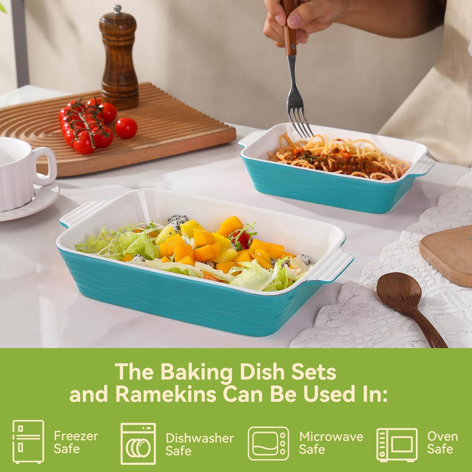 The Baking Dish Sets and Ramekins Can Be Used In:

- Freezer Safe
- Dishwasher Safe
- Microwave Safe
- Oven Safe