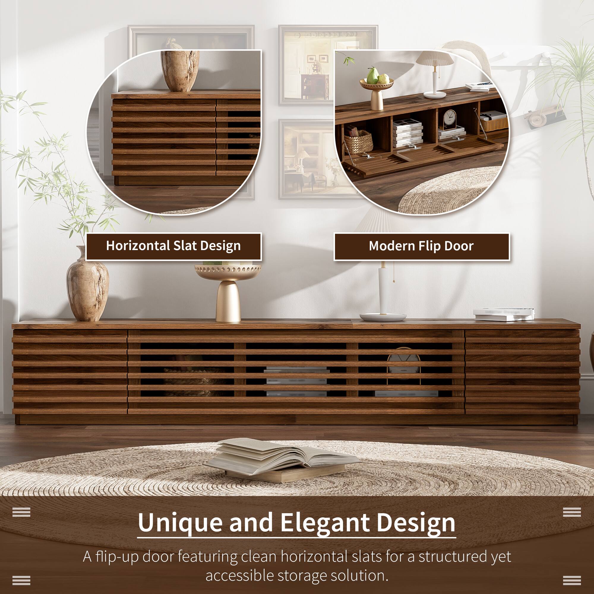 Horizontal Slat Design  
Modern Flip Door  

Unique and Elegant Design  
A flip-up door featuring clean horizontal slats for a structured yet accessible storage solution.