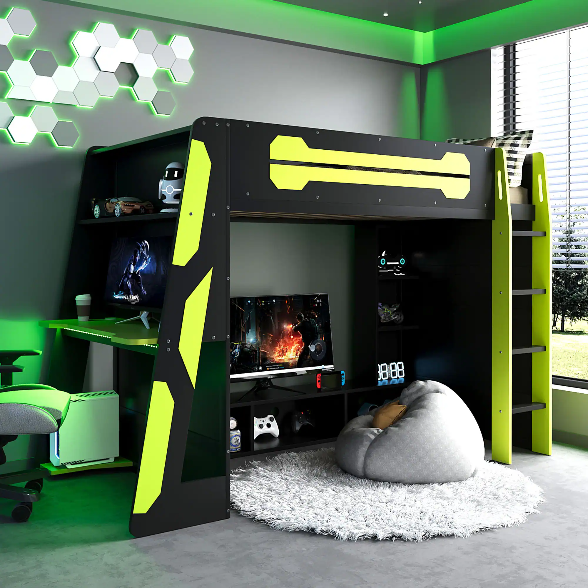 Angle. Anysun - Twin Size Wood Loft Bed with Desk, Multi-storage Shelves and RGB Light - Green.