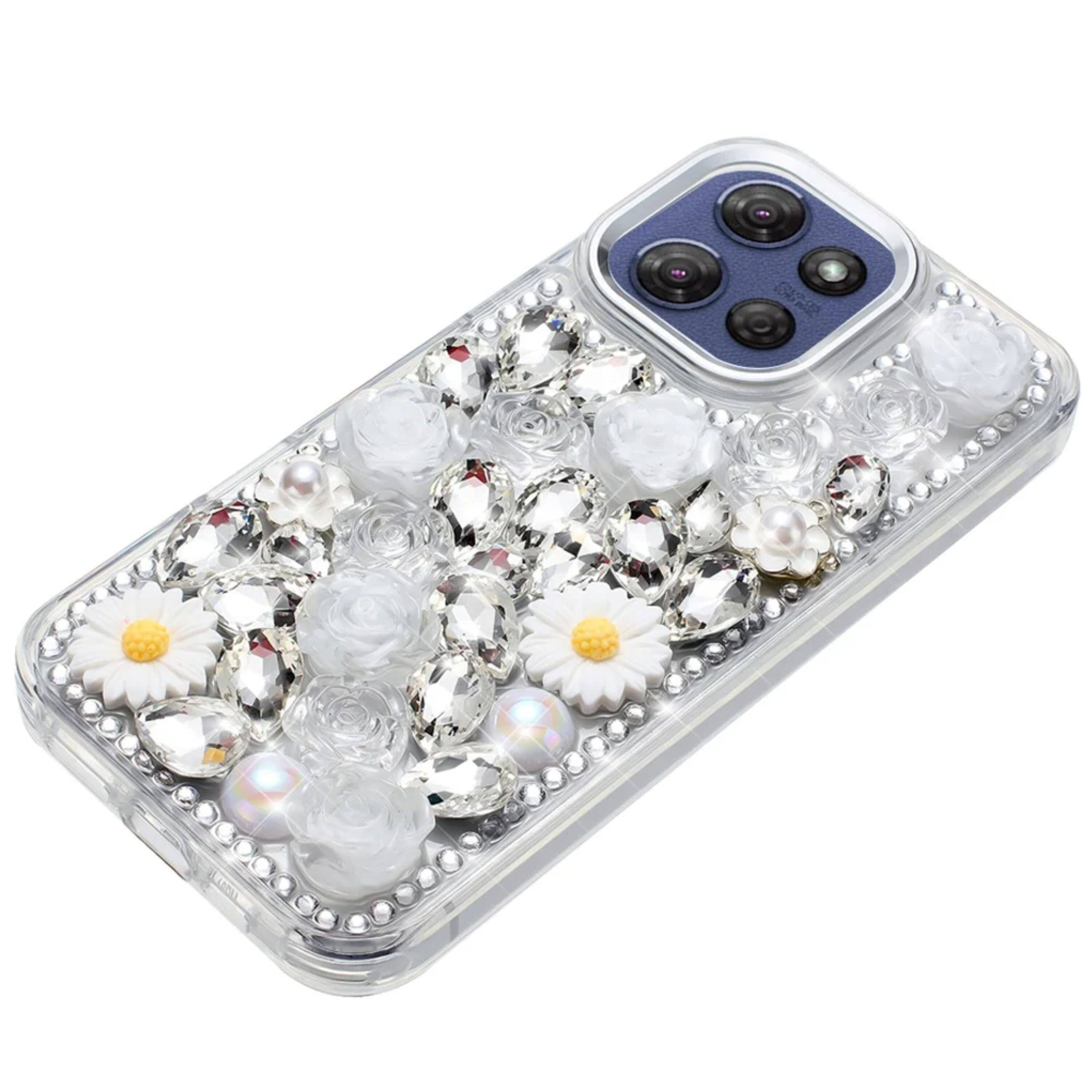 Left. Kitcheniva - Full 3D Bling Rhinestone Jewel Plus Tempered Glass For Moto G Stylus 2026/2025 White - White.