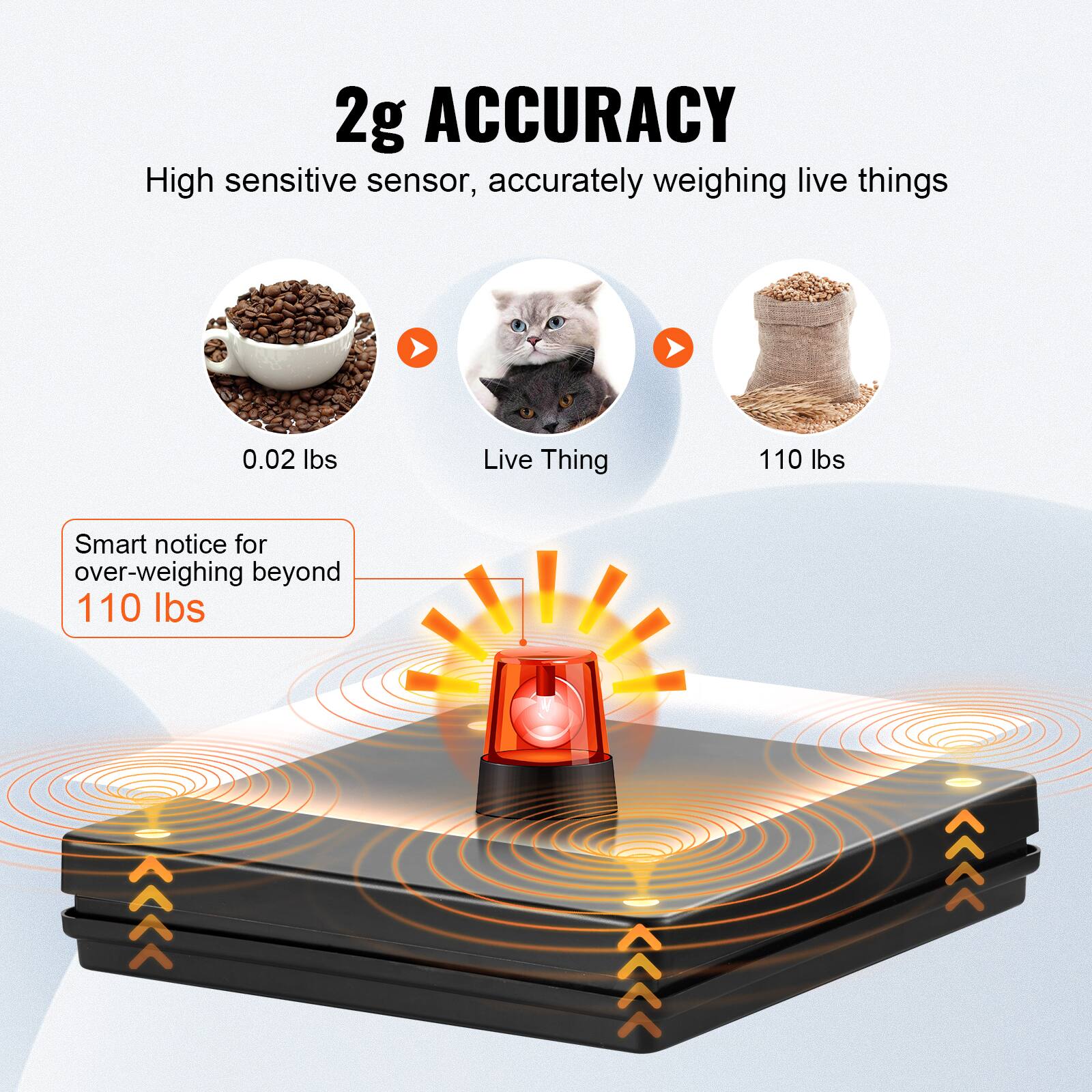 2g ACCURACY  
High sensitive sensor, accurately weighing live things  

0.02 lbs  
Live Thing  
110 lbs  

Smart notice for over-weighing beyond 110 lbs