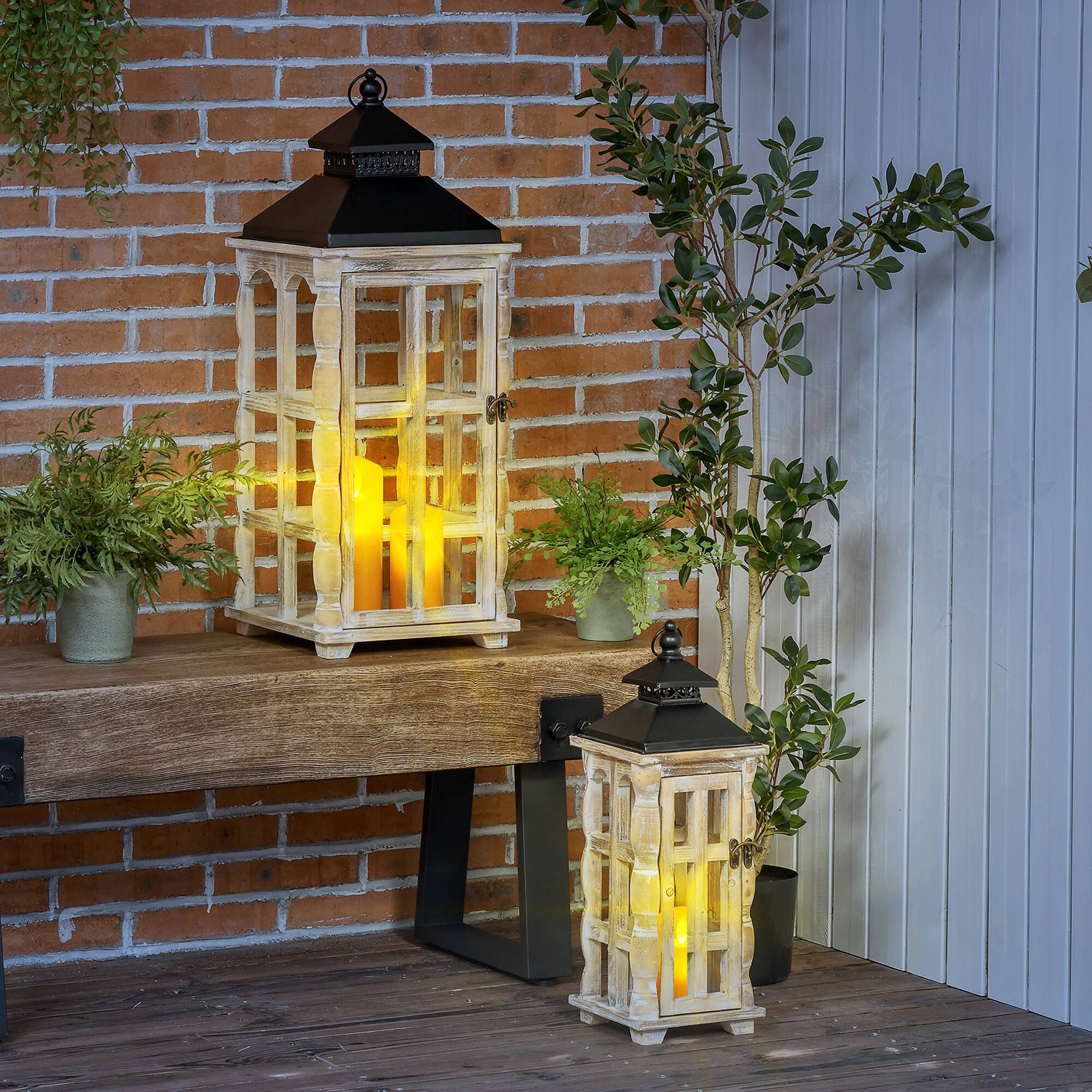 Alt View 1. Homcom - 2-Pack Rustic Lanterns: 31"/21" Wood Metal Hanging Decor - Black, Distressed Wood Color.