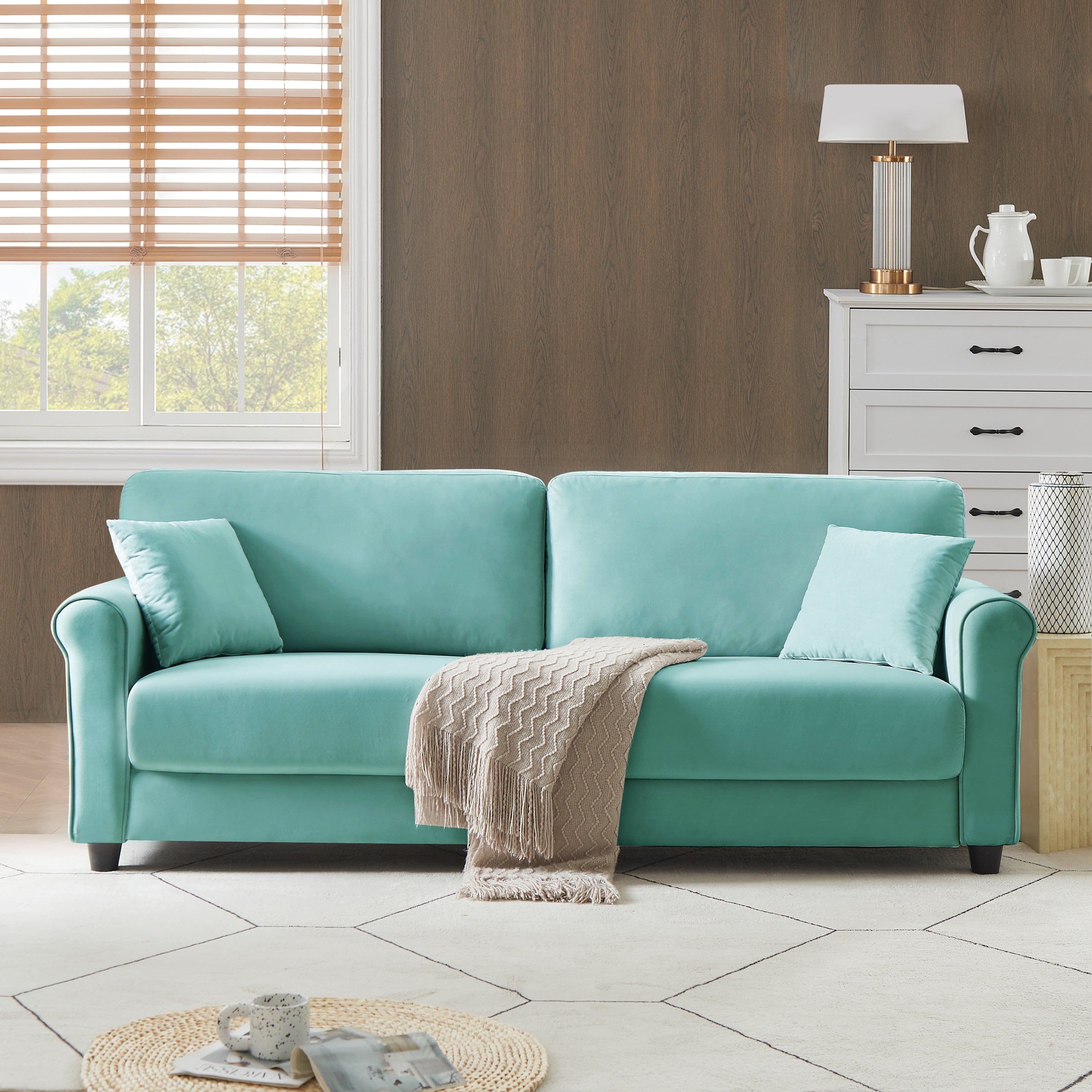 Electra Tech Xpress - FREEHOMAE-Modren 82.48'' Velvet Fabric Couch, 3 Seater Sofa, Big Loveseat for Living Room - LIGHTBLUE