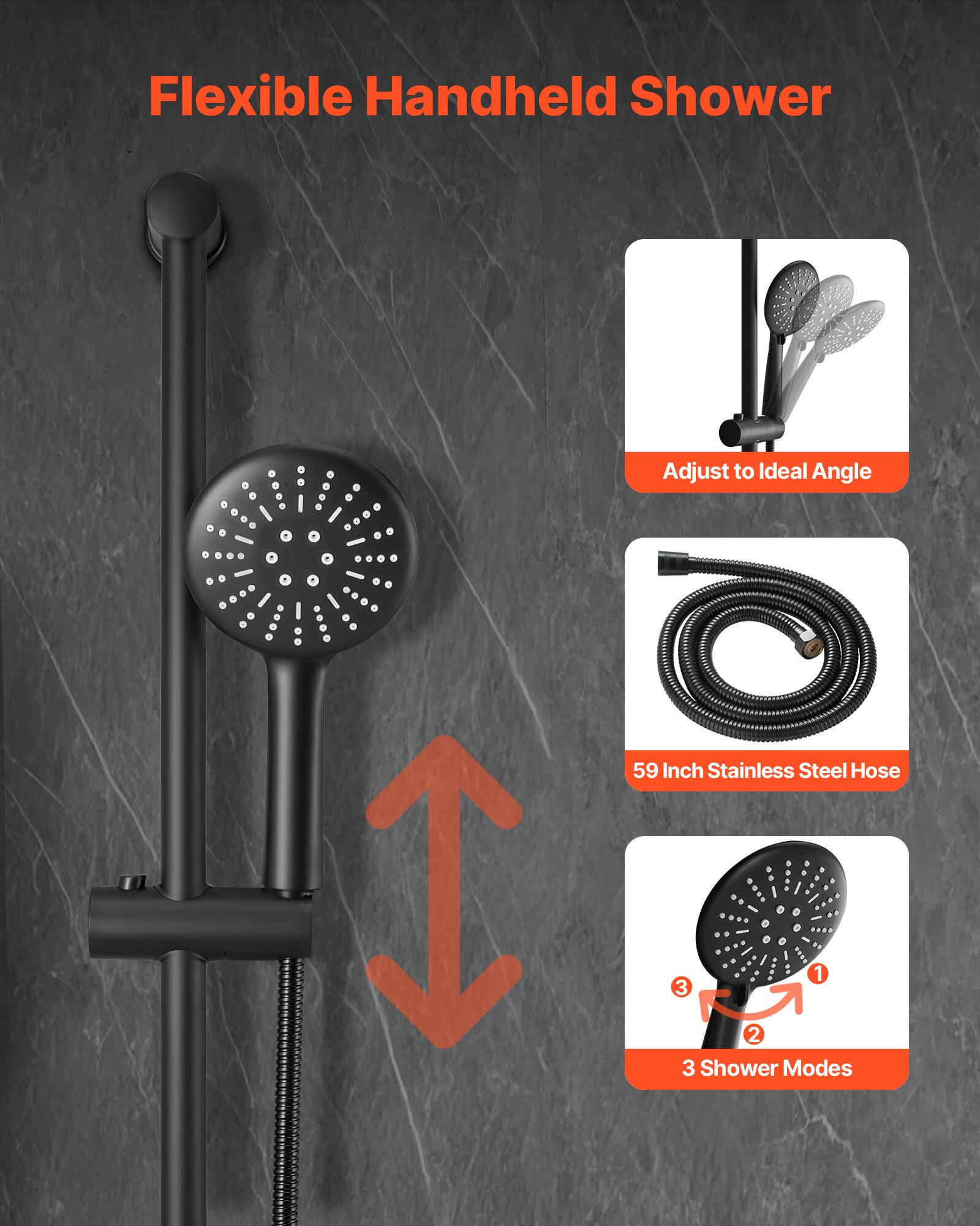 Flexible Handheld Shower: Adjust to Ideal Angle. 59 Inch Stainless Steel Hose. 3 Shower Modes.
