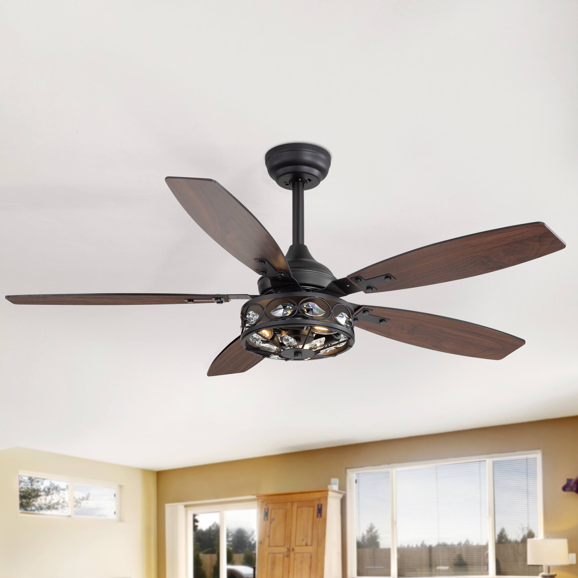 Breezary - 48" Industrial Ceiling Fan with 5 Dual-Finish Plywood Blades, 6 Speeds, DC Motor, Remote Control with Timer - Matte Black and Dark Wood Grain