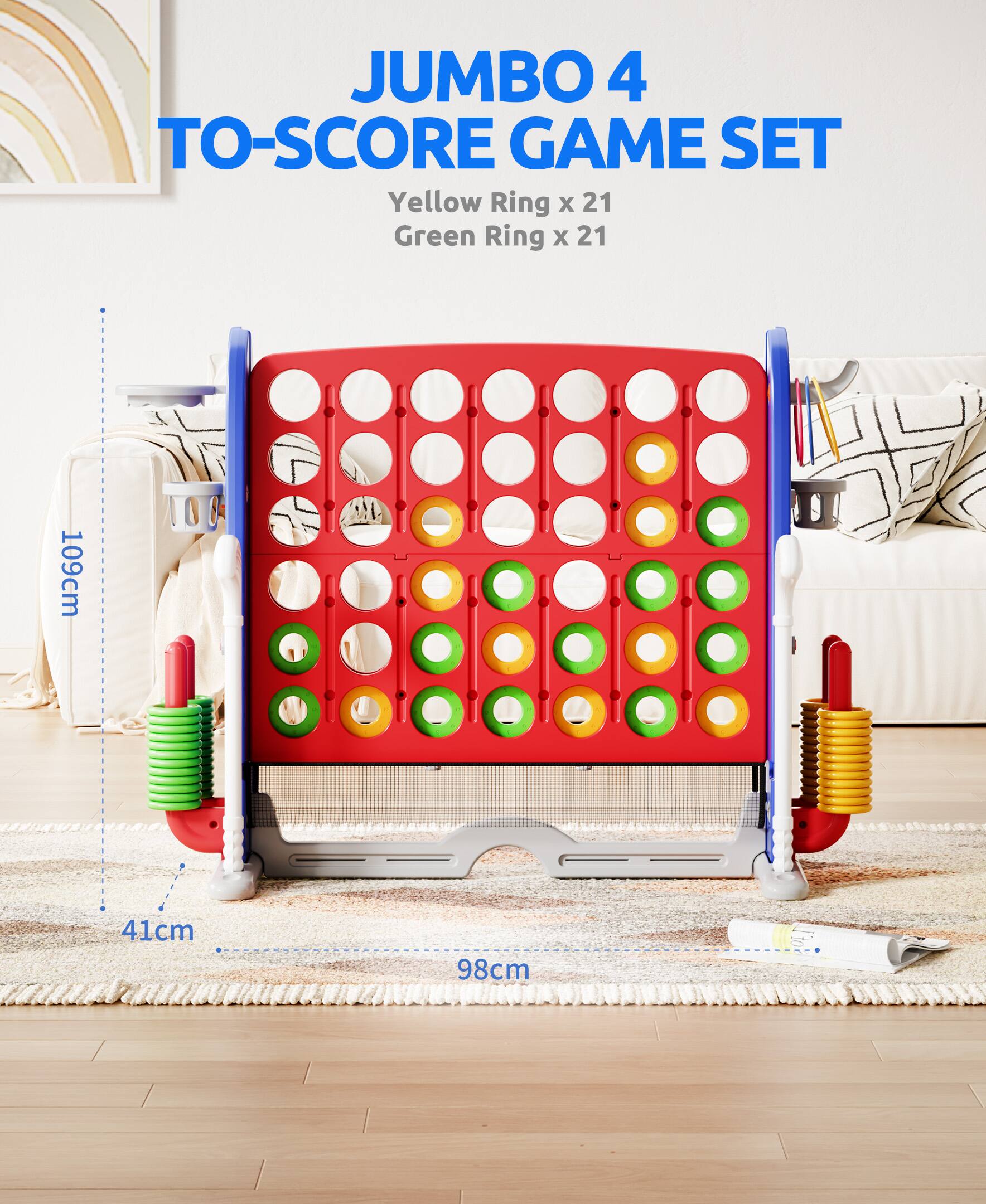JUMBO 4 TO-SCORE GAME SET

Yellow Ring x 21  
Green Ring x 21

109cm  
41cm  
98cm