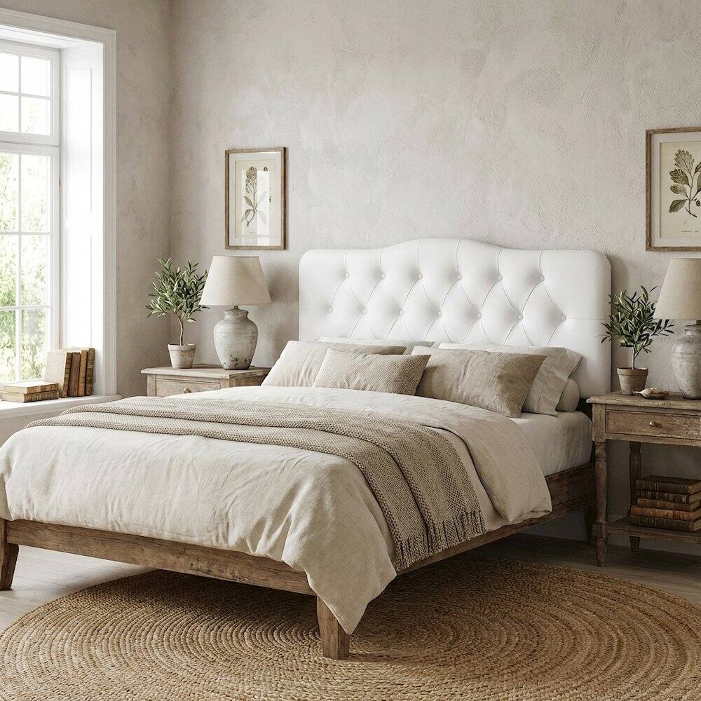 Angle. FurniFact - Upholstered Vinyl King Headboard with Durable Finish and Contemporary Design - White.