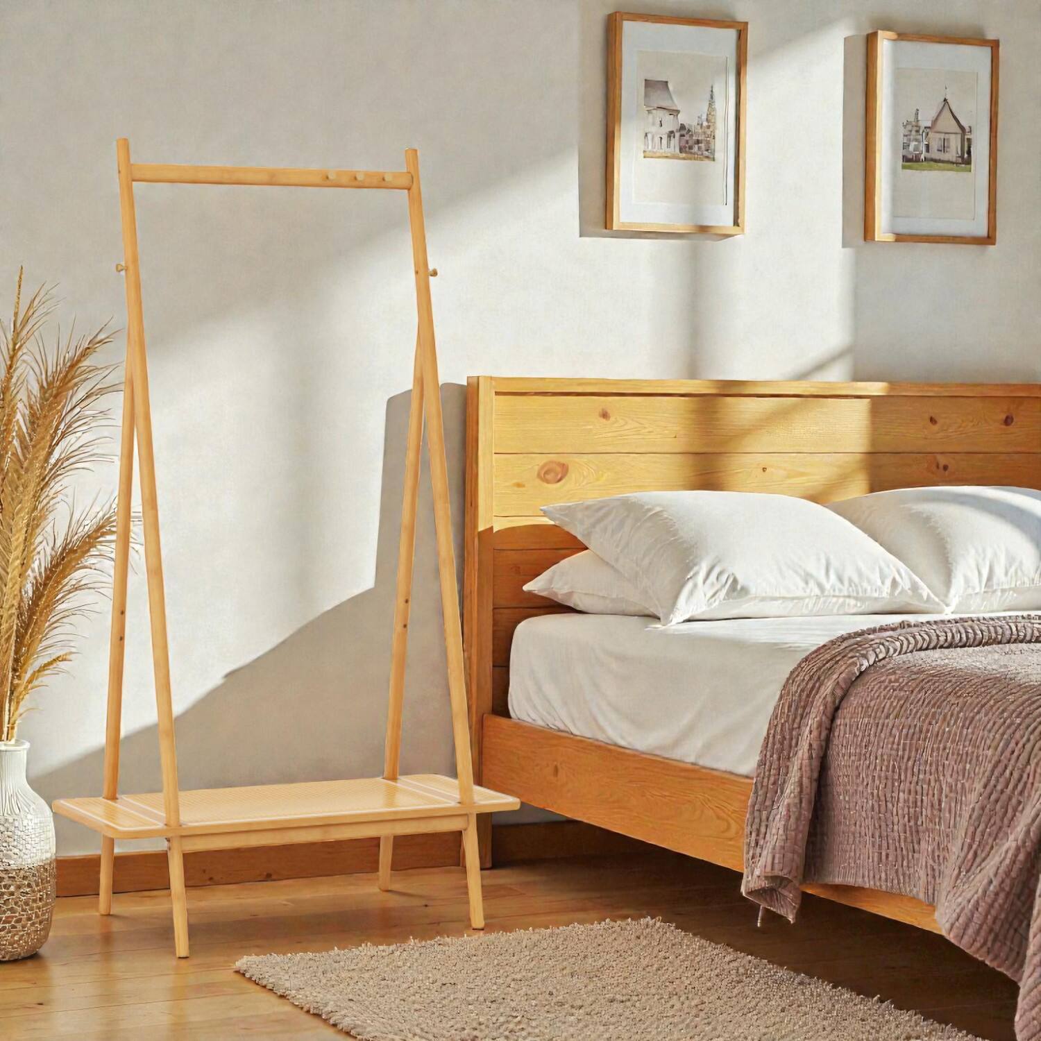 Front. Hivvago - Bamboo Garment Organizer with Hanging Bar, Rattan Shelf, and Durable Copper Hooks - Natural.