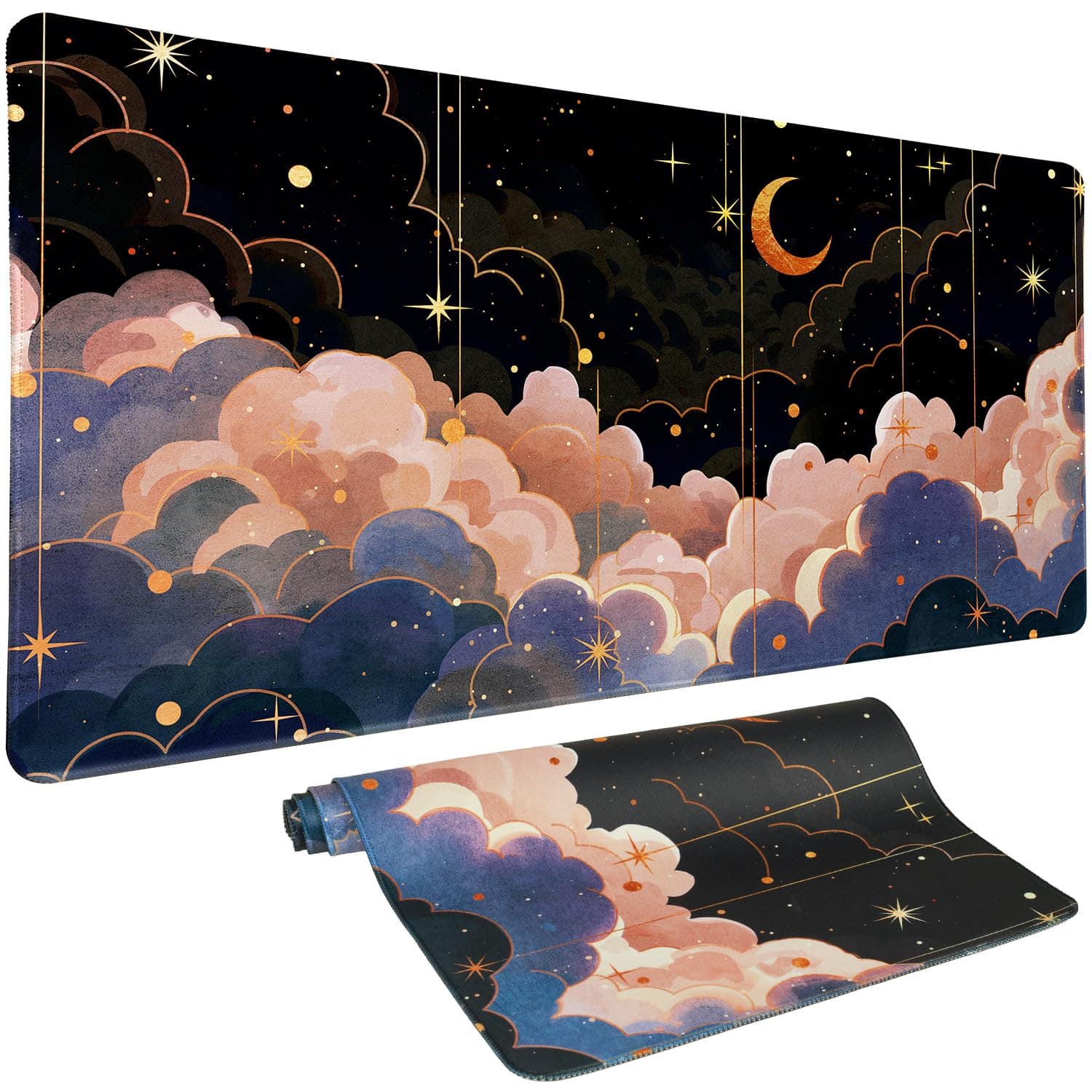 Fabibe - Desk Mat Mouse Pad Butterfly Flower Pink Floral Xxl Extended Large Gaming Mousepad Black Computer Laptop For Women W - Cloudy Moon 31.5" x 15.7"