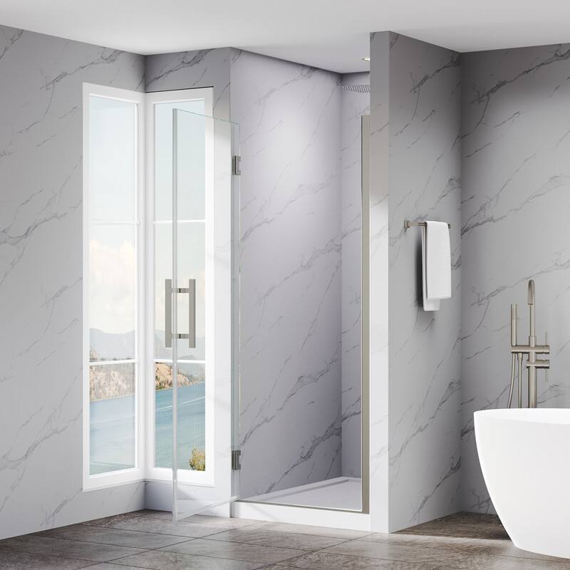 Back. WELLFOR - 30–31 in. W x 72 in. H Frameless Hinged Shower Door with 3/8" Clear Tempered Glass, Reversible Opening - Brushed Nickel.