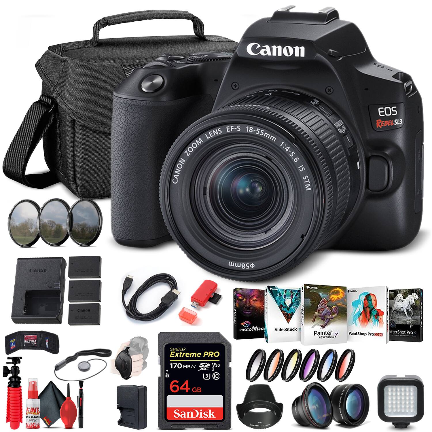 Canon EF-S Lens 18-55mm Zoom 1:4-5.6 IS STM  
Canon EOS Rebel SL3  
Canon 58mm Filter  

SanDisk Extreme PRO 170 MB/s V30 64 GB  

PhotoMirac  
VideoStudio Pro  
Painter 7  
PaintShop Pro X7  
AfterShot Pro  

Canon Battery Charger  
Canon Battery  
Canon Lens Hood  
Canon Lens Cap  
Canon Strap  

Cleaning Kit  
Memory Card Reader  
USB Cable  
Tripod  

Filters (000000)  
LED Light  
Camera Bag