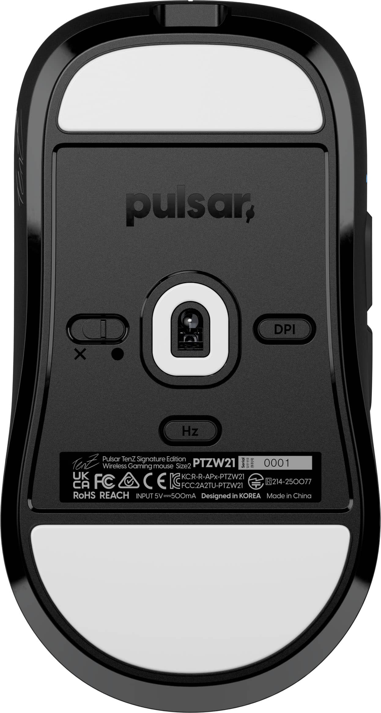 pulsar, DPI X Hz Pulsar Tenz Signature Edition TenZ Wireless Gaming mouse Size2 PTZW21 Serior I 0001 UK KC:R-R-APx-PTZW21 CA FCC:2A2TU-PTZW21 R214-250077 R RoHS REACH INPUT 5V 5V=500mA Designed in KOREA Made in China