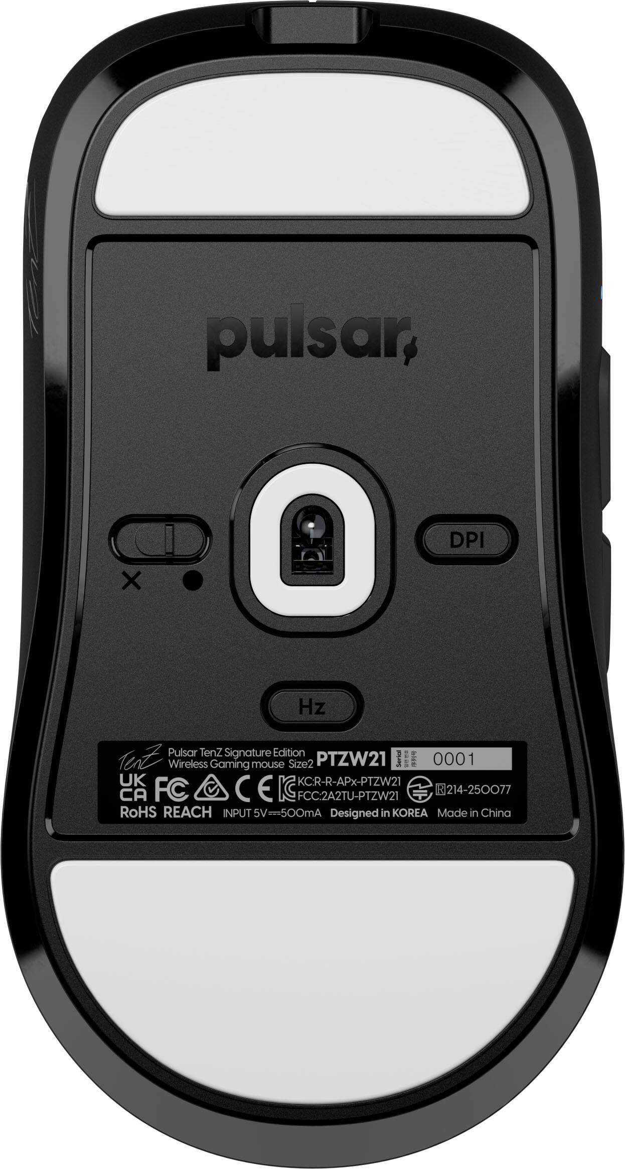 pulsar, DPI X Hz Pulsar Tenz Signature Edition TenZ Wireless Gaming mouse Size2 PTZW21 Serior I  0001 UK KC:R-R-APx-PTZW21 CA FCC:2A2TU-PTZW21 R214-250077 R RoHS REACH INPUT 5V 5V=500mA Designed in KOREA Made in China