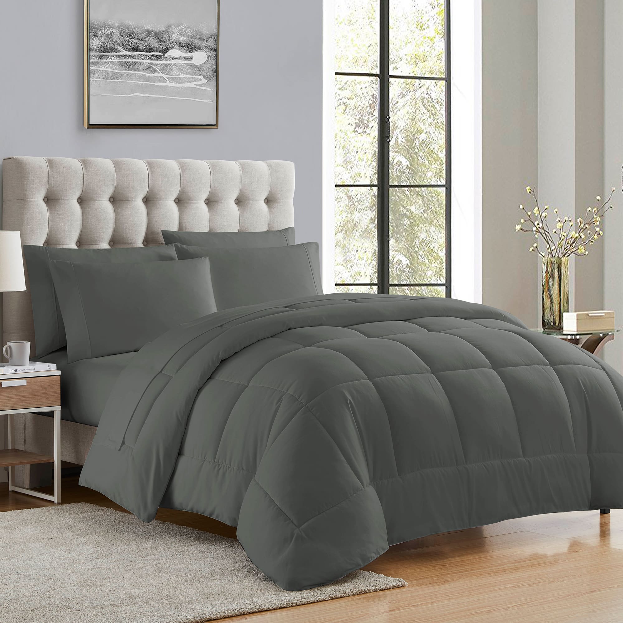 Front. Sweet Home Collection - All Season Reversible Bed-in-A-Bag Solid Color Comforter & Sheet Set, King - Gray.
