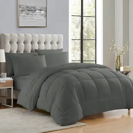 Front. Sweet Home Collection - All Season Reversible Bed-in-A-Bag Solid Color Comforter & Sheet Set, King - Gray.