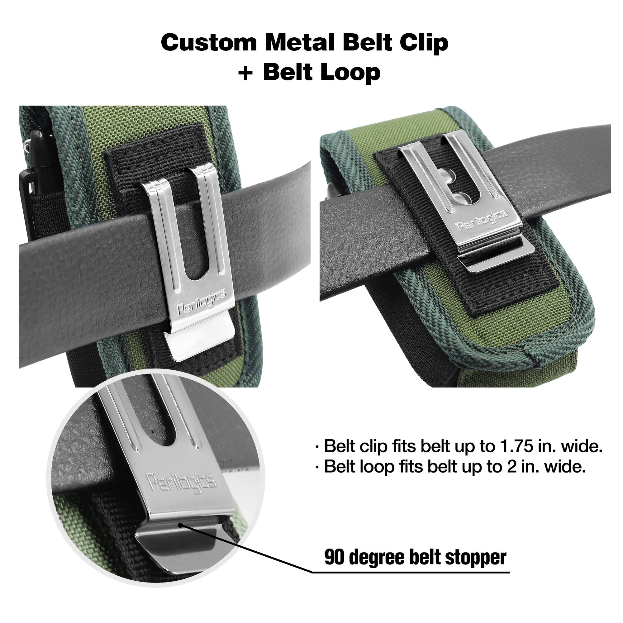 Custom Metal Belt Clip + Belt Loop

- Belt clip fits belt up to 1.75 in. wide.
- Belt loop fits belt up to 2 in. wide.

90 degree belt stopper