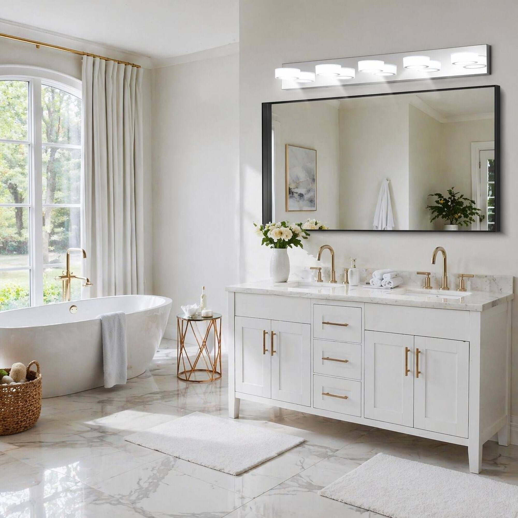 Angle. RYHNUYNE - Modern 5‑Light Vanity Light,37"LED Bathroom Wall Light,Wall Mount Over Mirror Lighting for Bath - Chrome.