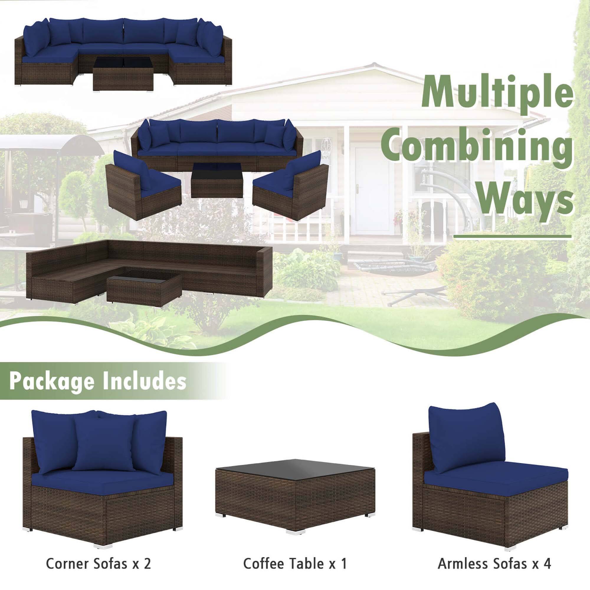 The image features a variety of furniture items, including blue couches, a coffee table, and a dining table. The text on the image suggests that these items are part of a package that includes corner sofas, coffee tables, and armless sofas. The package is designed to provide customers with multiple combining ways to create a comfortable and functional living space.
