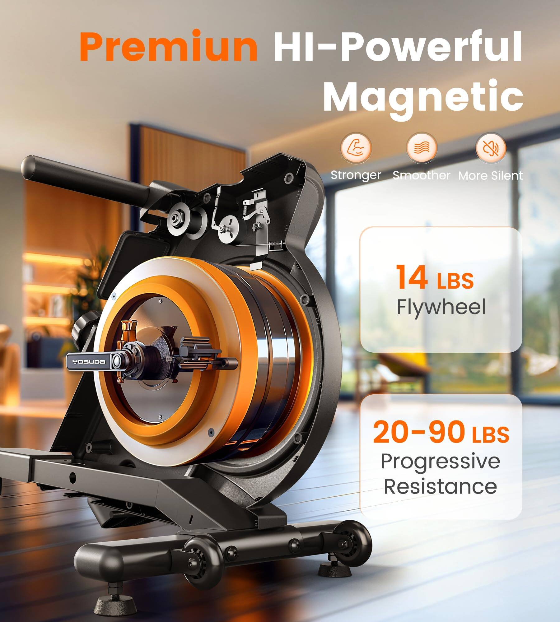 Premium HI-Powerful Magnetic  
Stronger Smoother More Silent  
14 LBS Flywheel  
20-90 LBS Progressive Resistance