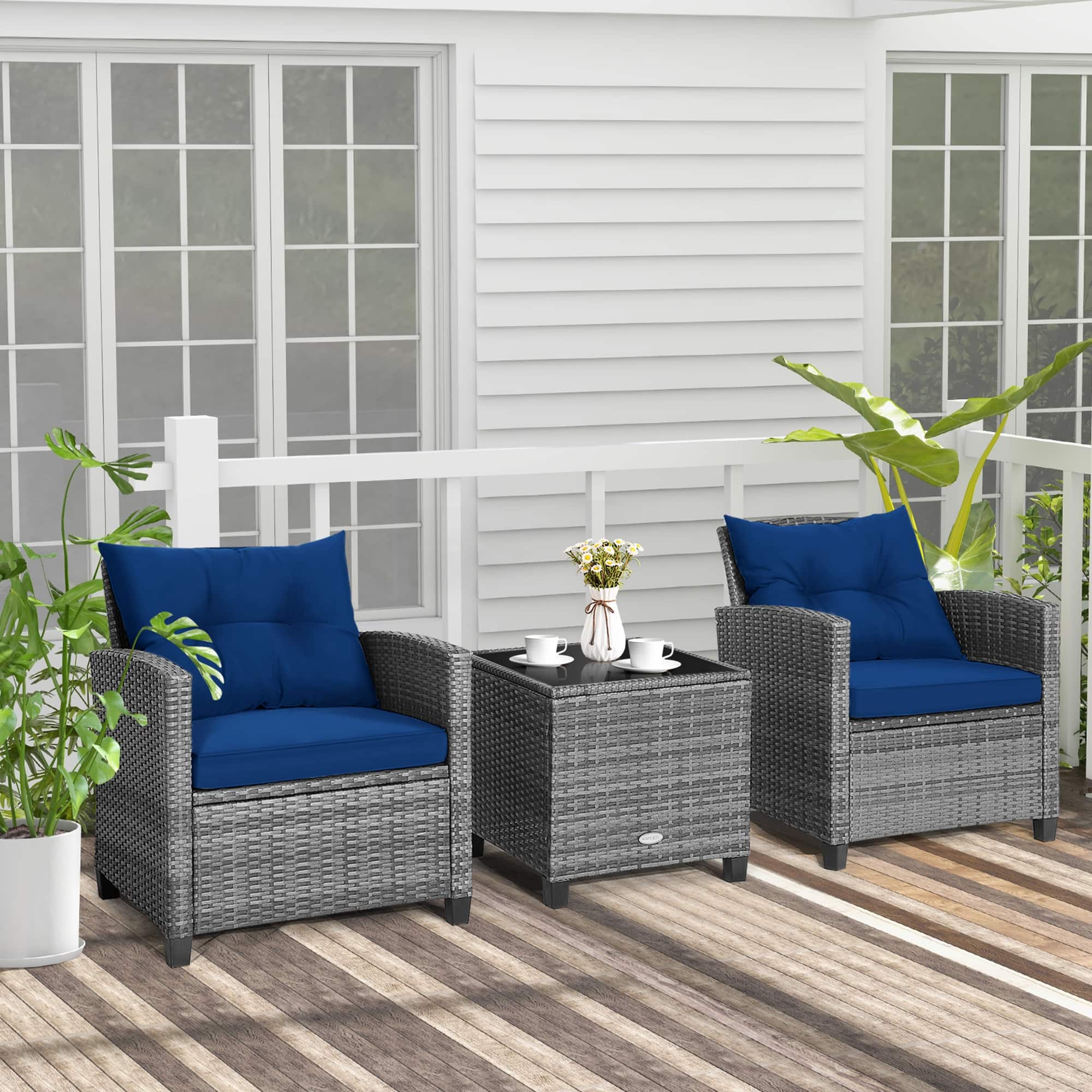 Alt View 3. Costway - 3PCS Patio Rattan Furniture Bistro Set Cushioned Sofas Side Table Armrest - Grey Rattan & Navy Cushion.