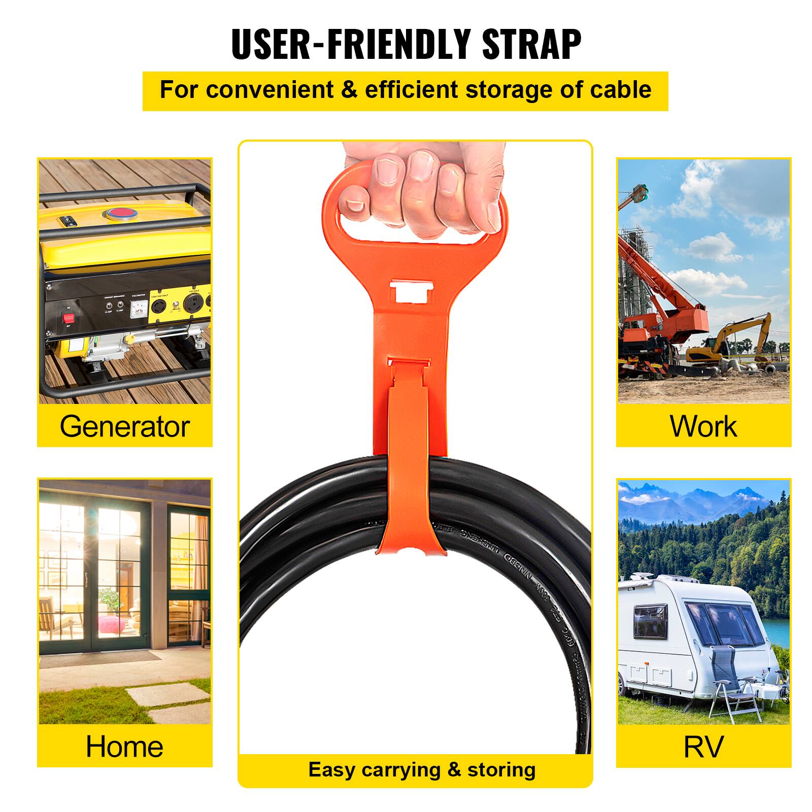 USER-FRIENDLY STRAP

For convenient & efficient storage of cable

- Generator
- Home
- Work
- RV

Easy carrying & storing