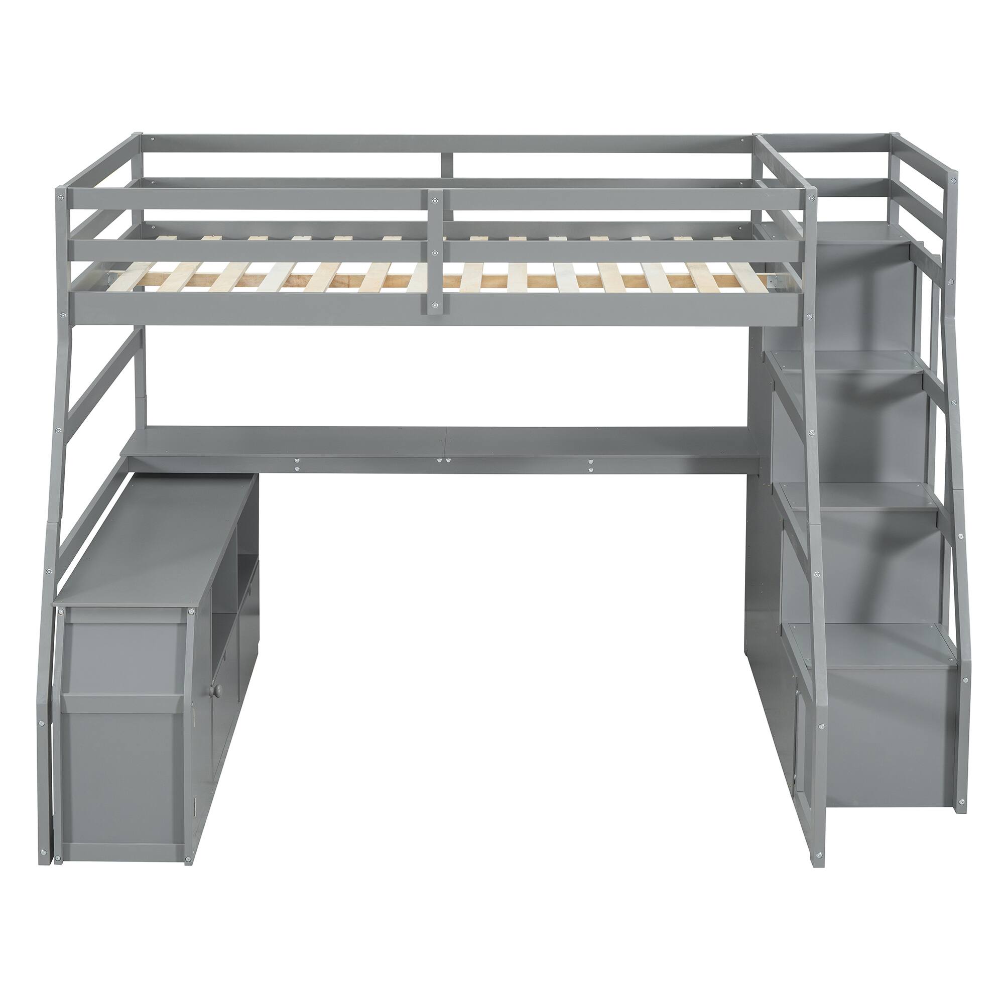 Left. Tiramisubest - Full Size Gray Loft Bed with 7 Drawers, 2 Shelves & Desk - Plywood, Sturdy & Uniquely Designed - Gray.