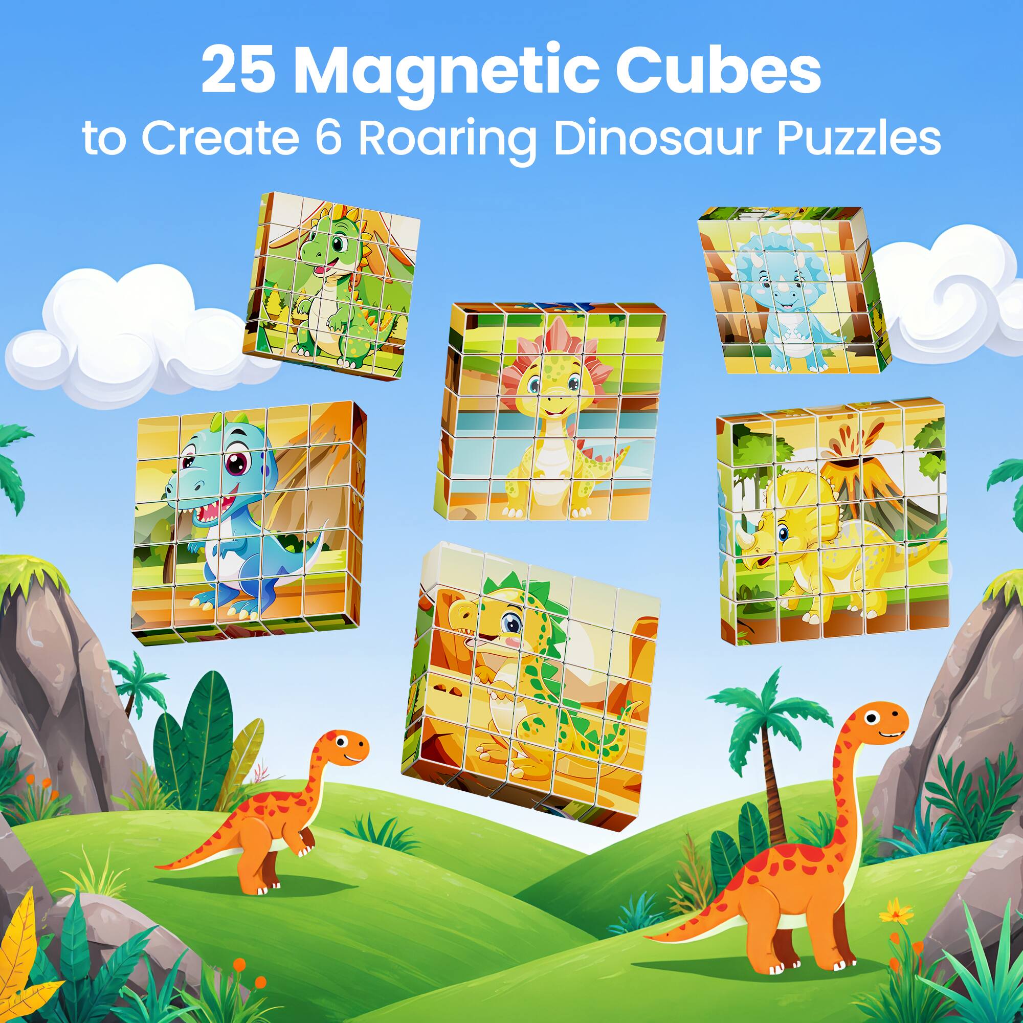 25 Magnetic Cubes to Create 6 Roaring Dinosaur Puzzles