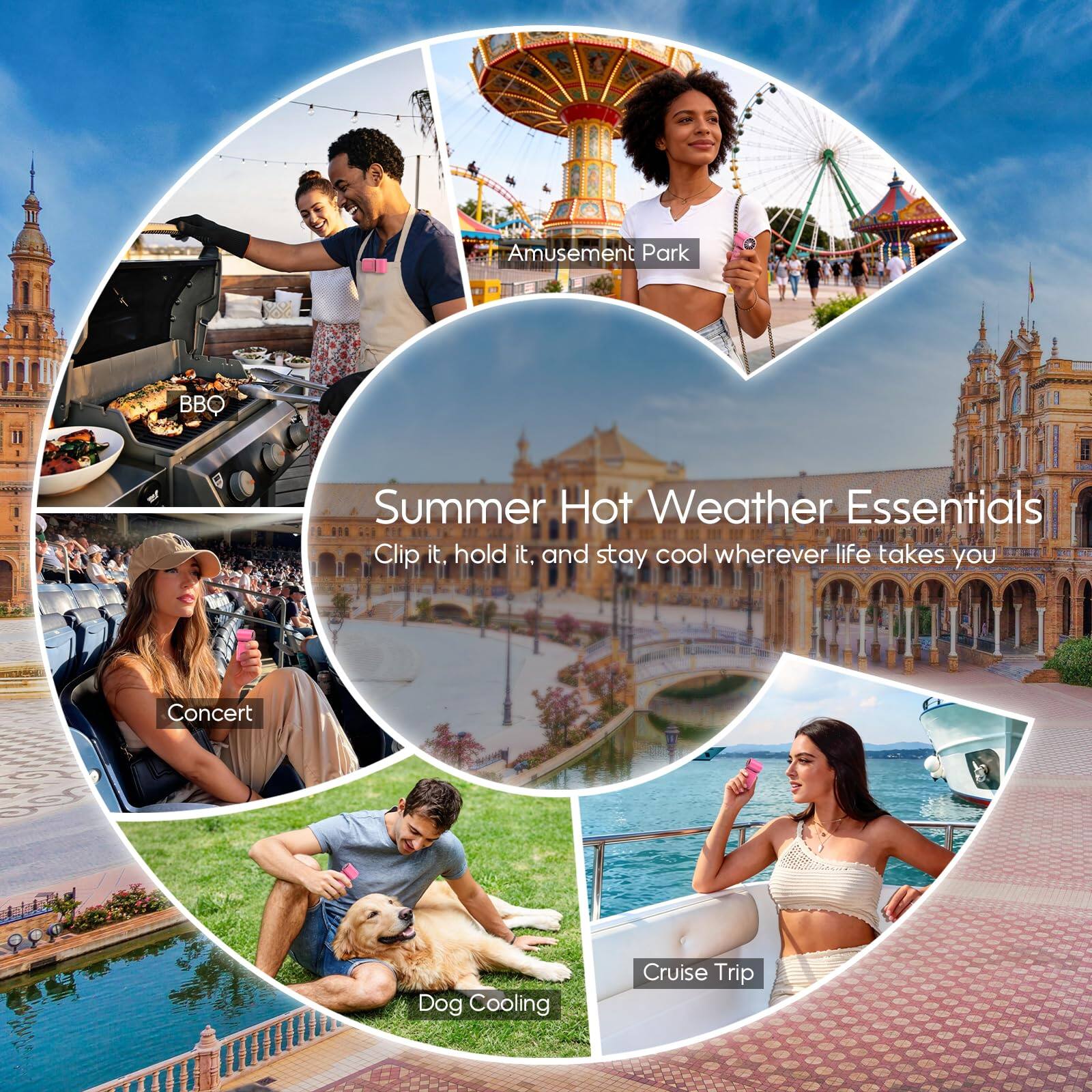 Amusement Park BBQ Summer Hot Weather Essentials Clip it, hold it, and stay cool wherever life takes you Concert Dog Cooling Cruise Trip