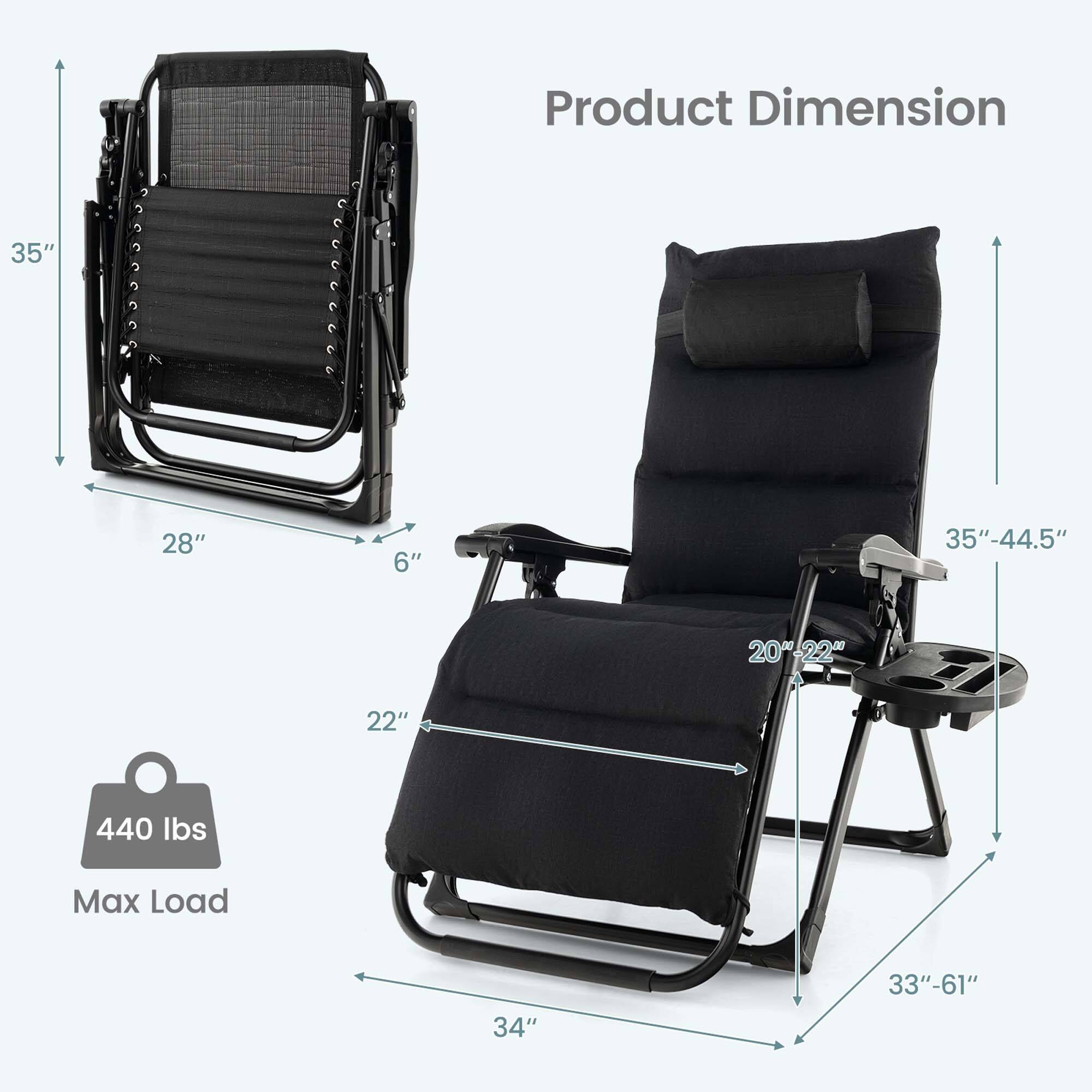 Product Dimension  
- Height: 35"  
- Width: 28"  
- Depth: 6"  
- Seat Height: 20"-22"  
- Seat Width: 22"  
- Back Height: 35"-44.5"  
- Armrest Height: 34"  
- Base Width: 33"-61"  

Max Load: 440 lbs