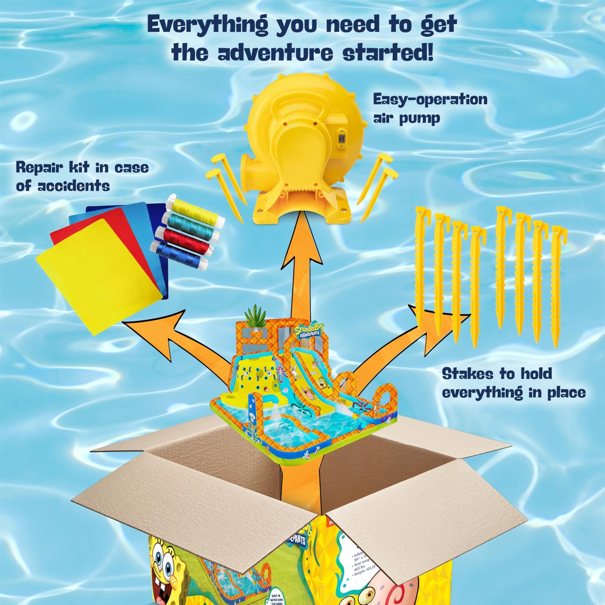 Everything you need to get the adventure started! Repair kit in case of accidents. Easy-operation air pump. Stakes to hold everything in place.