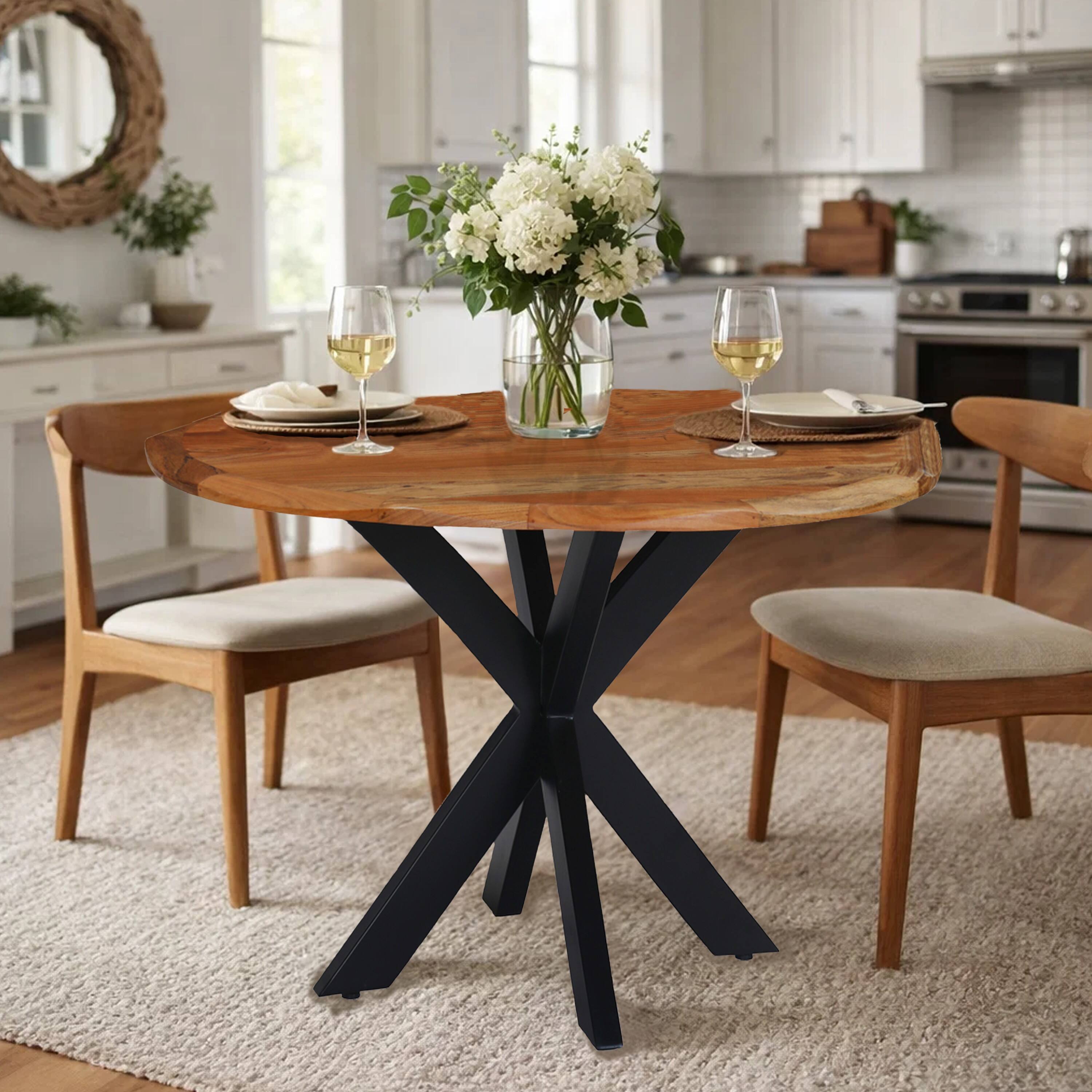 Alt View 8. Manhattan Lane - Kuri 41 Inch Handcrafted Live Edge Round Dining Table with a Natural Brown Acacia Wood Top and Black Iron Legs - Brown, Black.