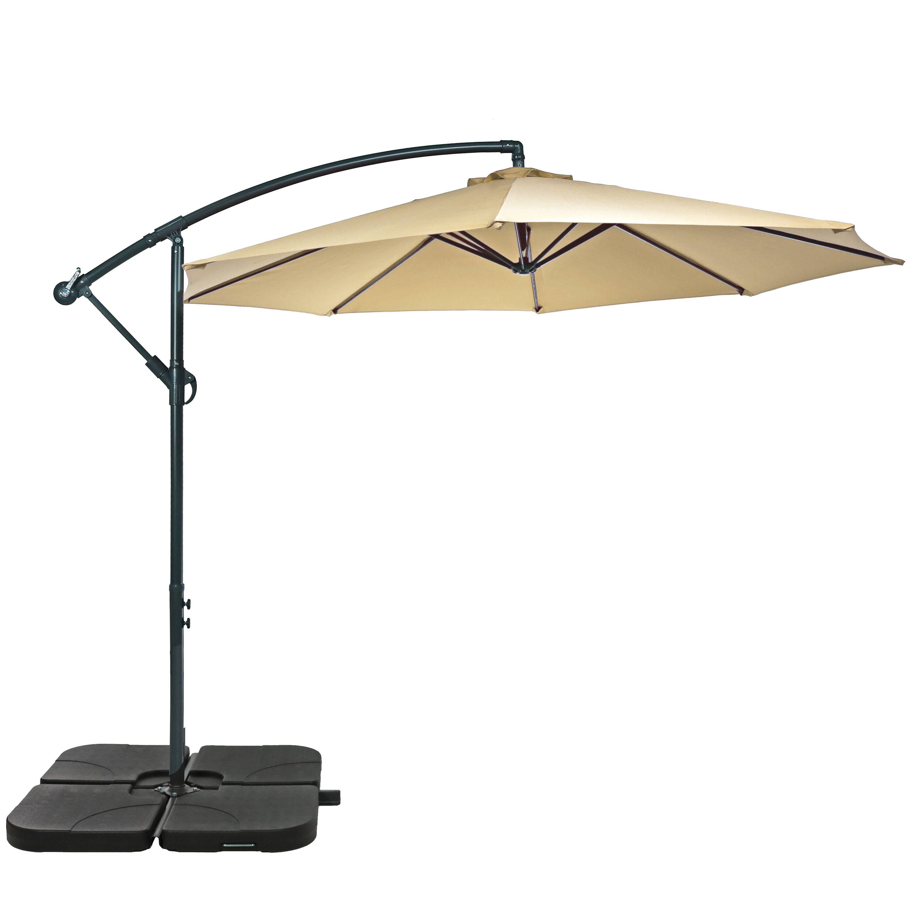 Front. Sunnydaze - 10' Offset Patio Umbrella and Cross Base and Square Bases - Beige.