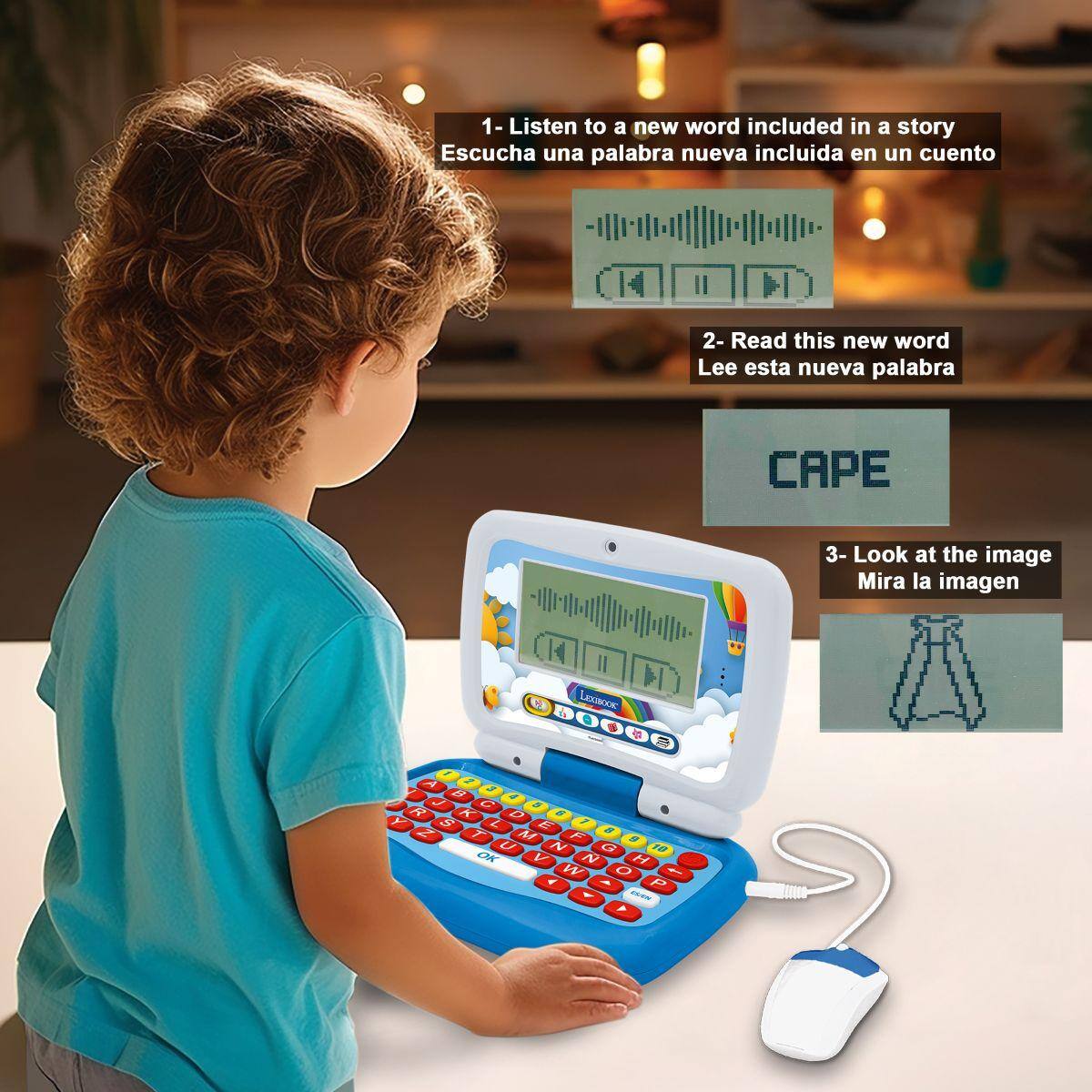 1- Listen to a new word included in a story  
Escucha una palabra nueva incluida en un cuento  

2- Read this new word  
Lee esta nueva palabra  
CAPE  

3- Look at the image  
Mira la imagen