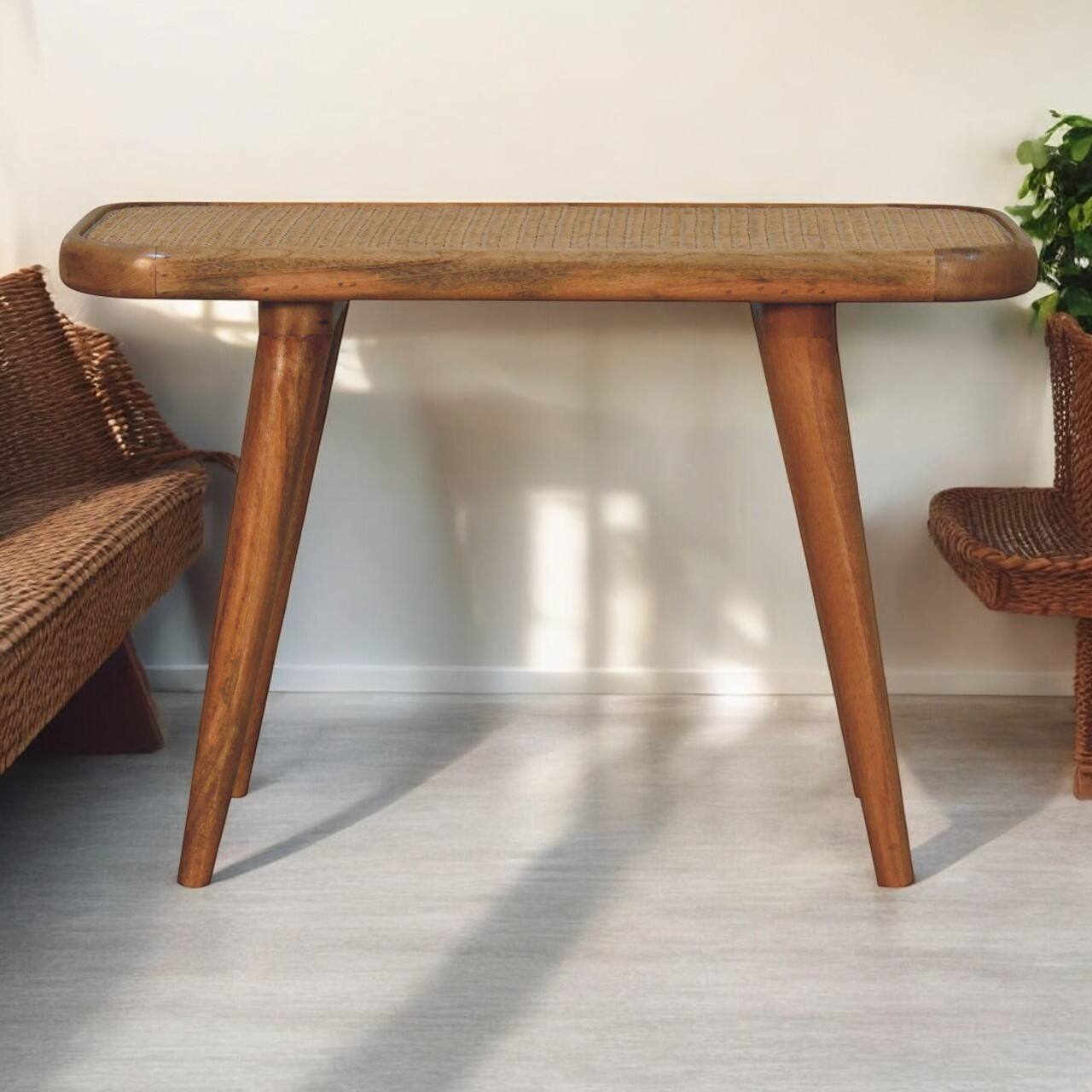 Angle. Artisan Furniture - Artisan Furniture Solid Wood Larissa Rattan Bench, Brown - Brown.